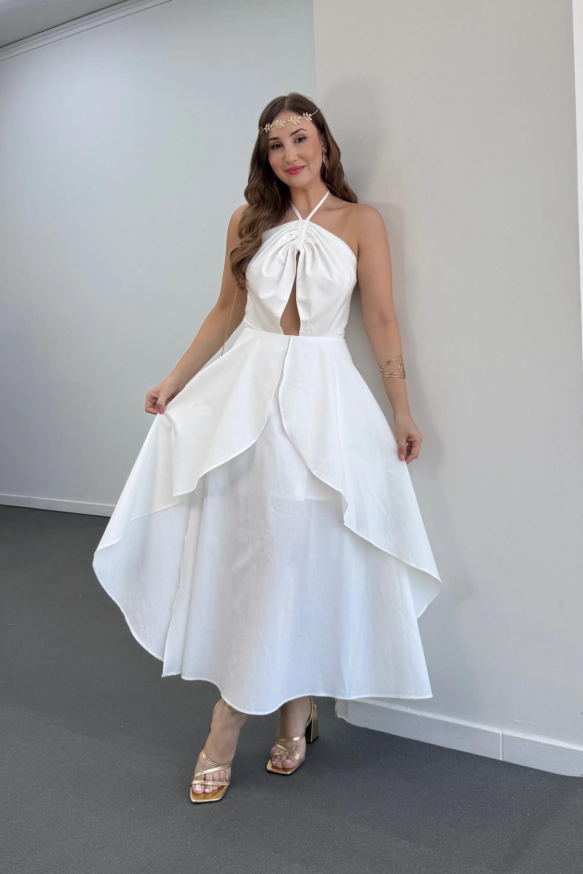 Angel Beyaz Boyundan Bağlamalı Volanlı Midi Elbise