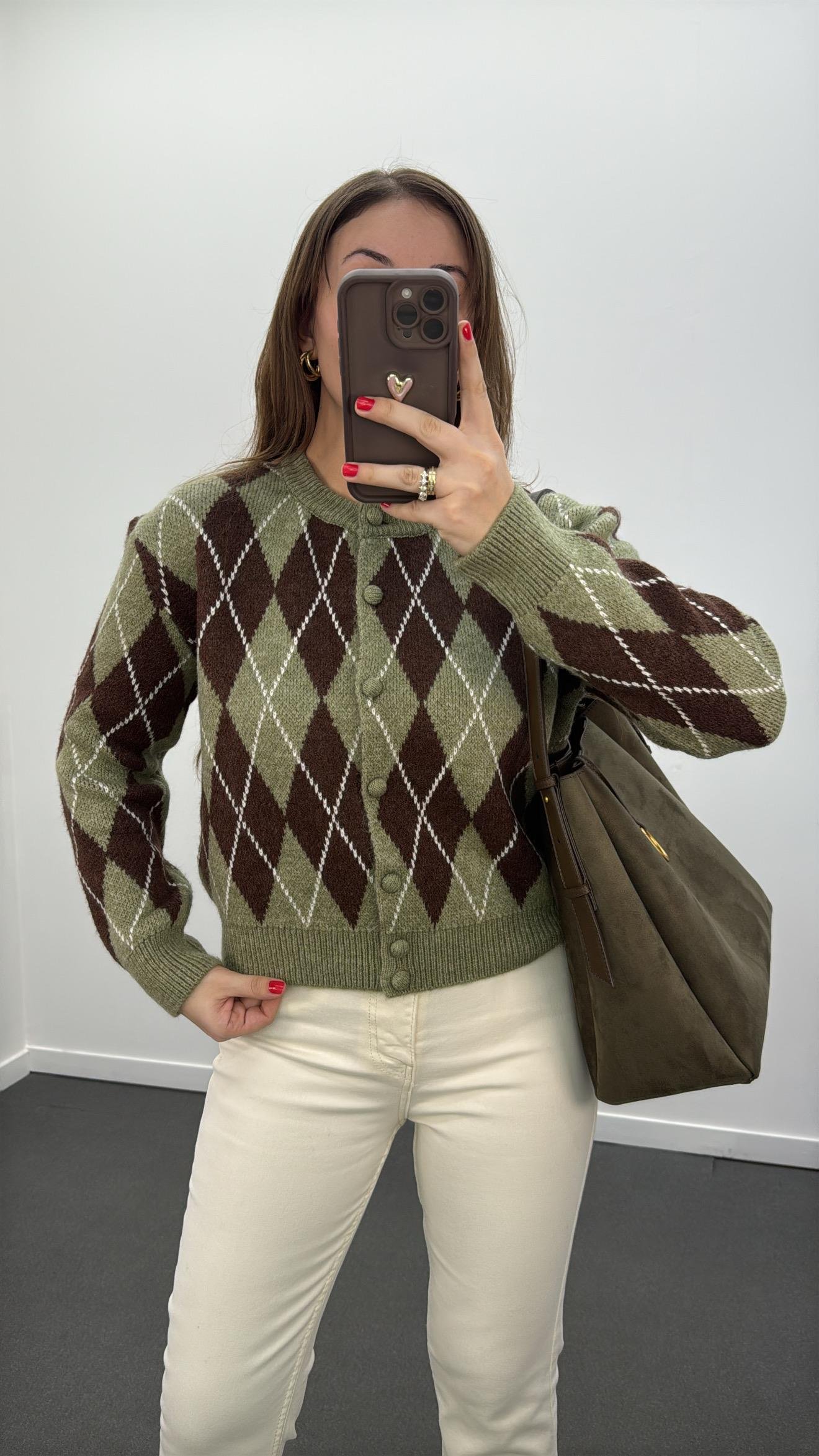 April Haki Kahve Baklava Desenli Hırka