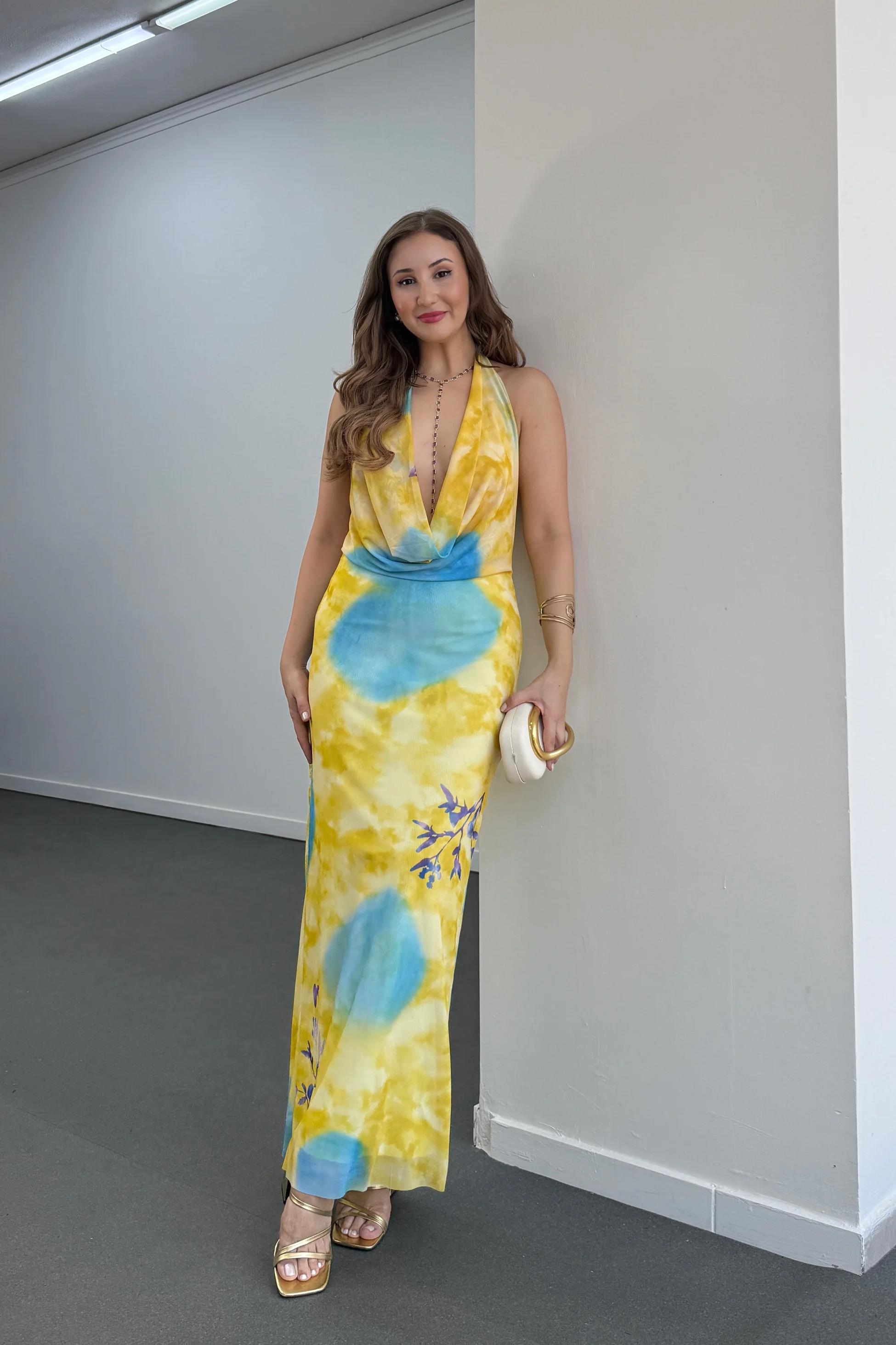 Ariel Sarı Degaje Yaka Sırt Dekolteli Elbise