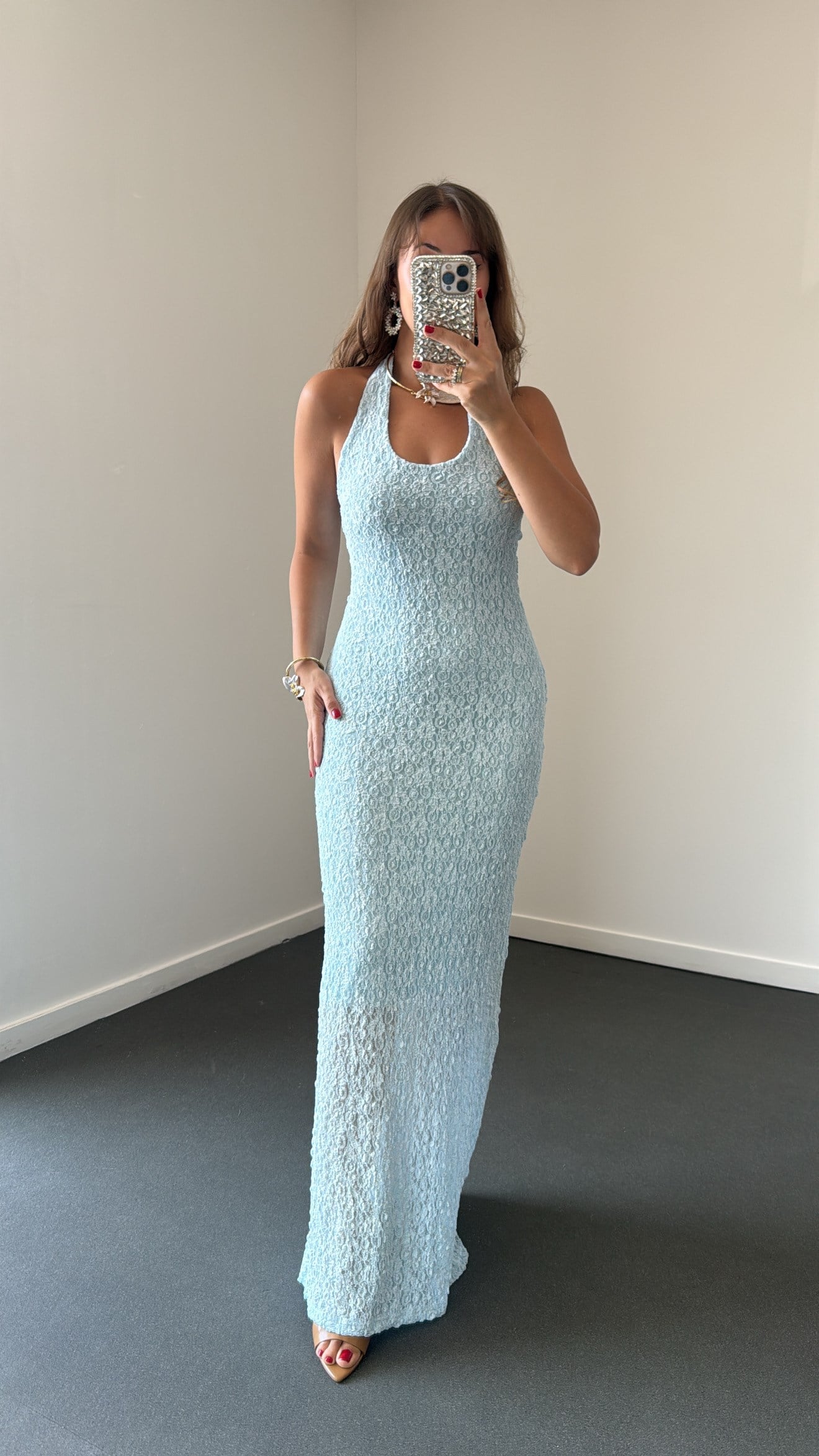 Arisu Bebe Mavi Halter Yaka Dantelli Maxi Elbise