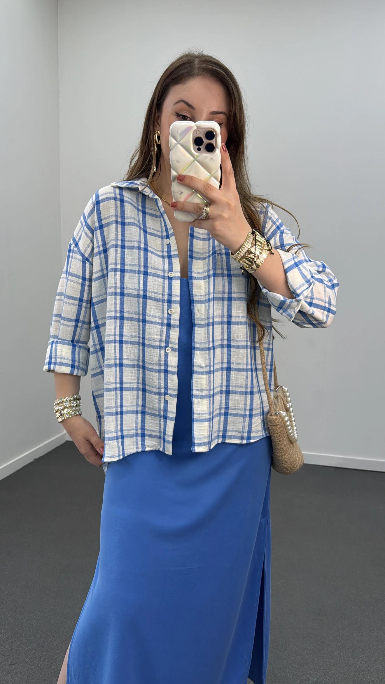 Armin Mavi Ekoseli Keten Gömlek