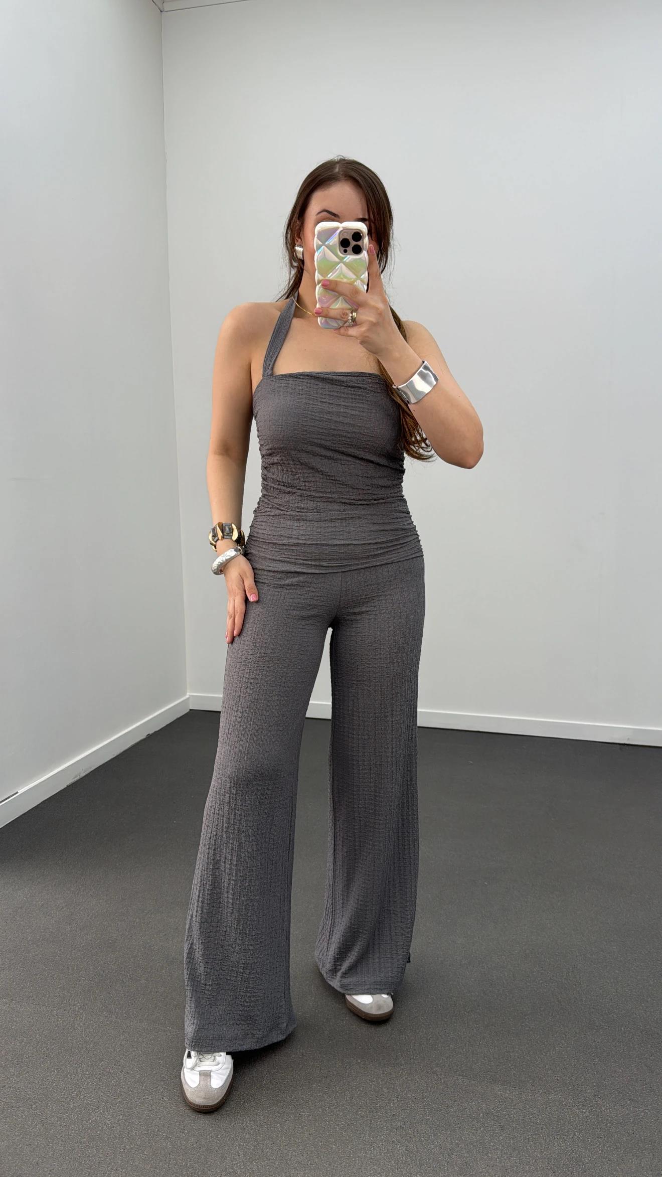 Arya Gri Bandeau Bluz Ve Pantolon Takımı