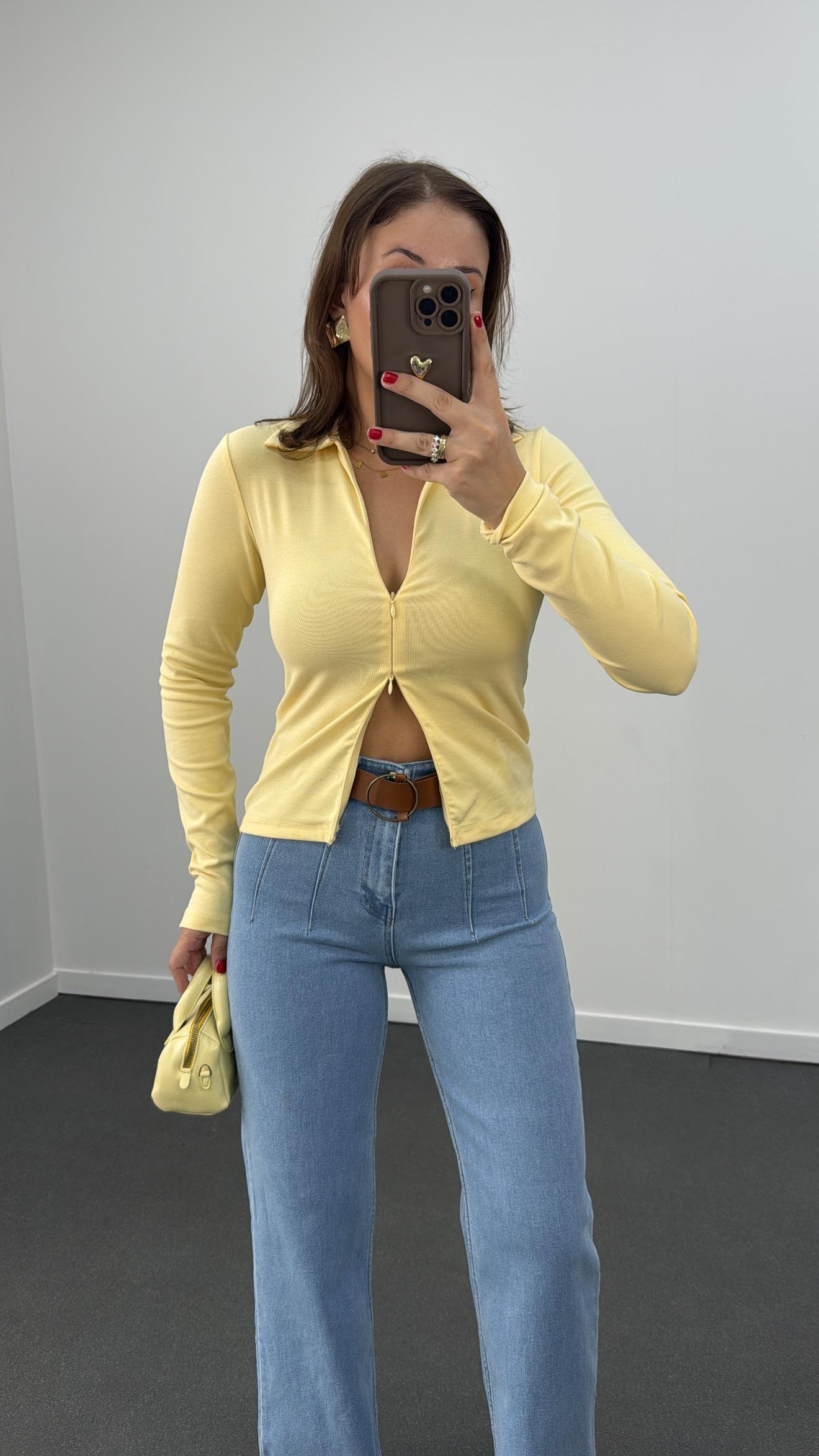 Asperry Limon Sarısı Gizli çift fermuarlı slim bluz