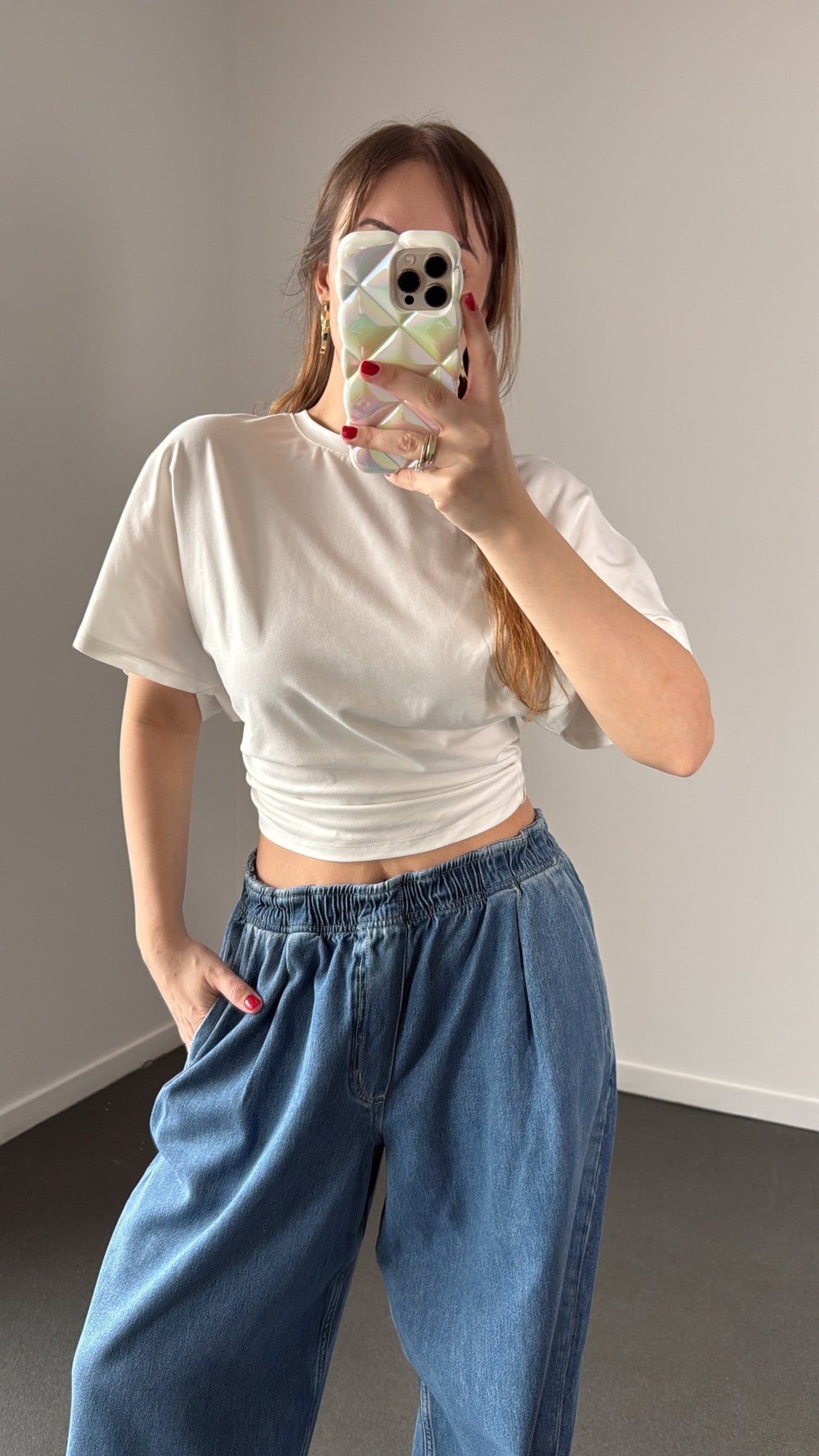 Audrey Beyaz Modal Beli Drapeli  Tshirt