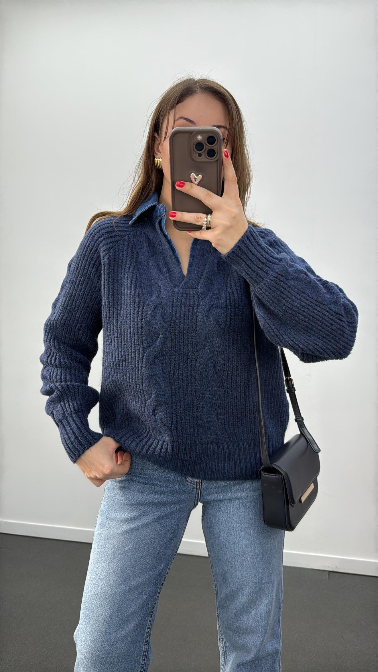 Belis Lacivert Polo Kot Yaka Saç Örgü Triko