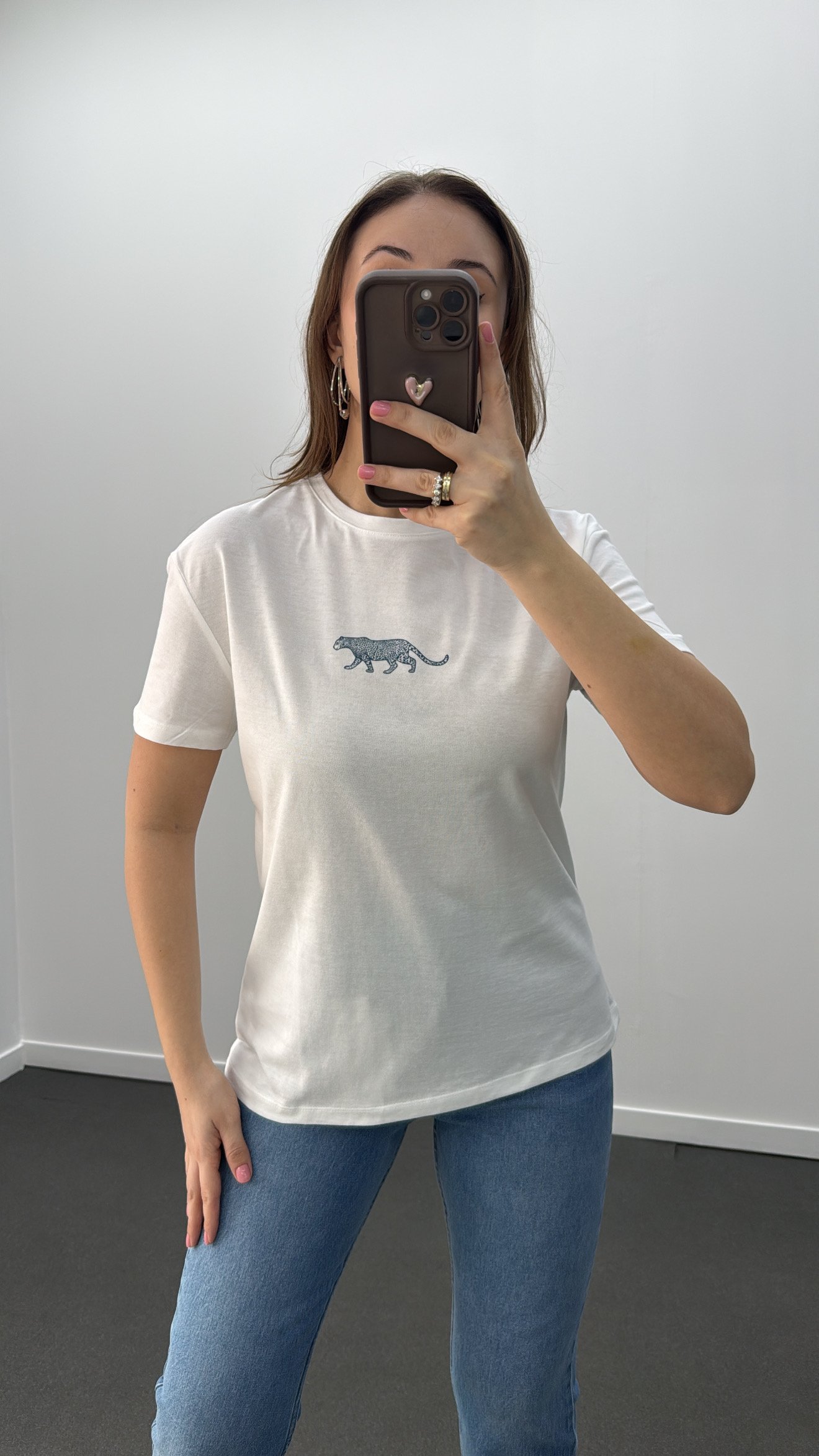 Beyaz Mavi Kaplan Baskılı Basic Tshirt 
