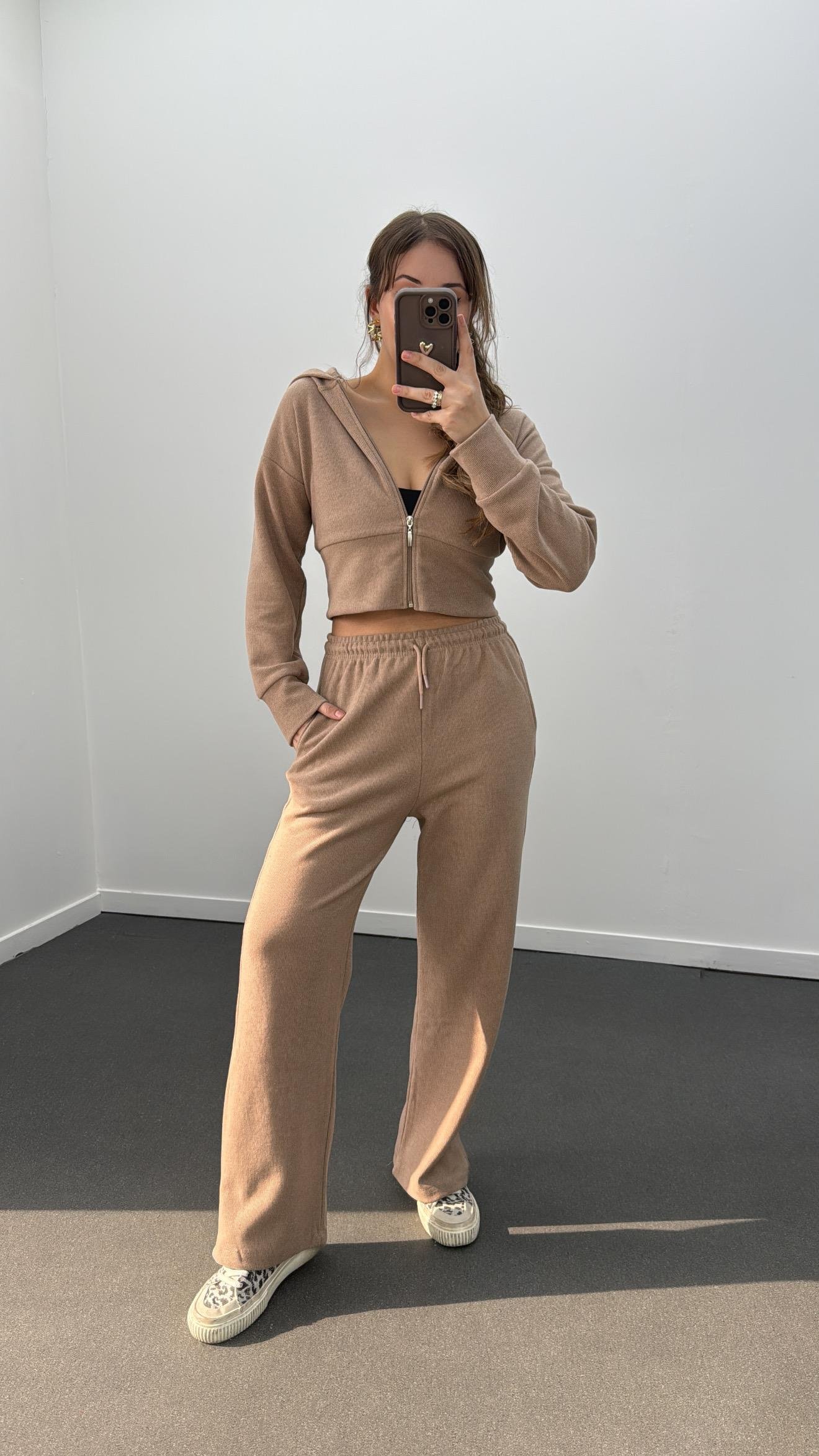 Bianca Bej Fitilli Triko Crop Hırka Eşofman Takım