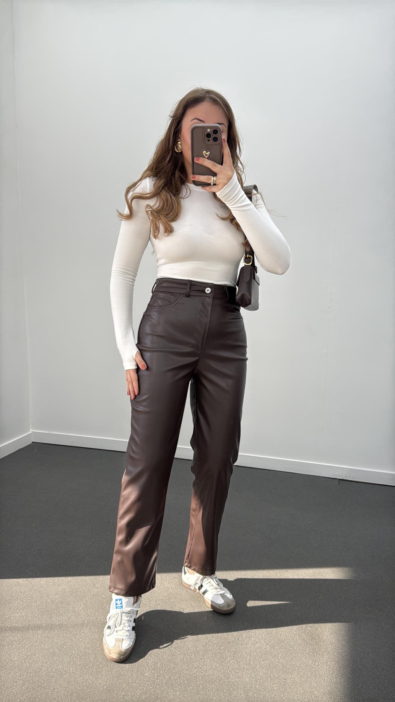 Bolivia Acı Kahve Yüksek Bel Slim Straight Deri Pantolon