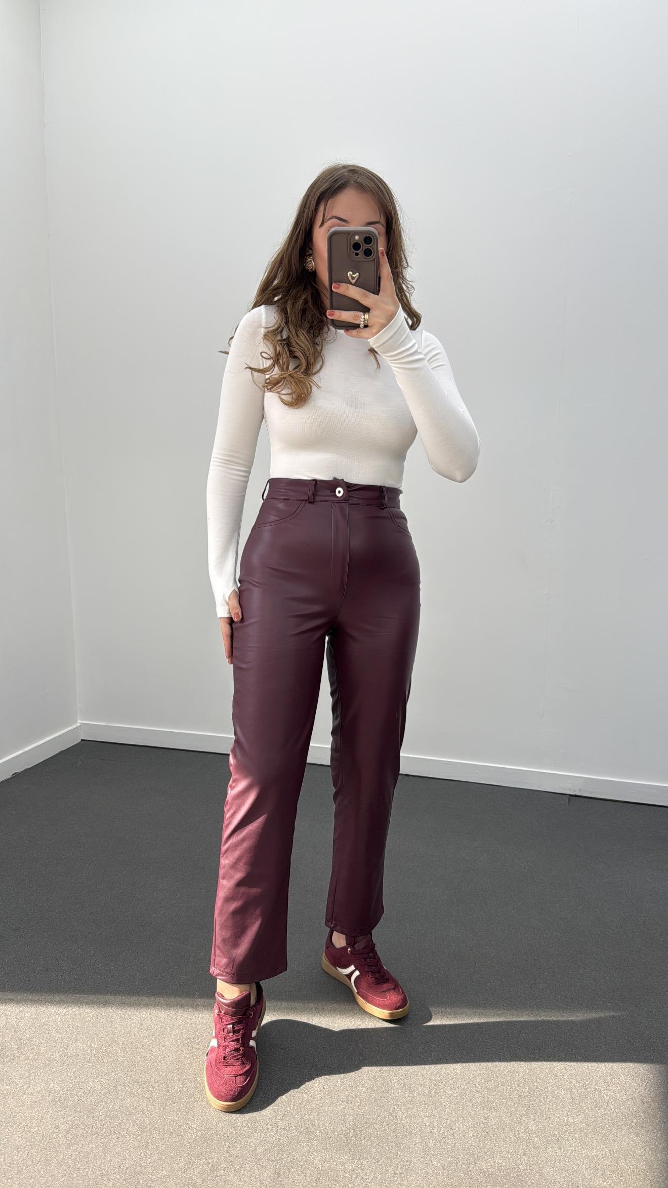 Bolivia Bordo Yüksek Bel Slim Straight Deri Pantolon