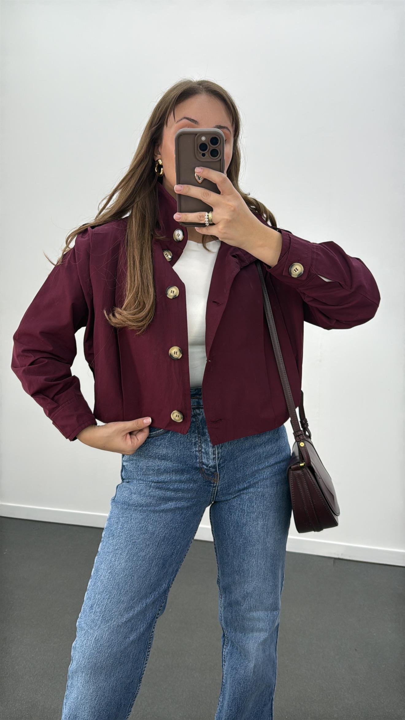 Bronte Bordo Kısa  Kahve Düğmeli Trençkot