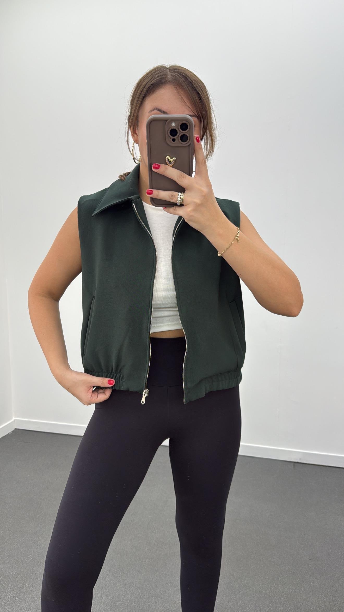 Cecilia Zümrüt Yeşili Fermuarlı Yelek