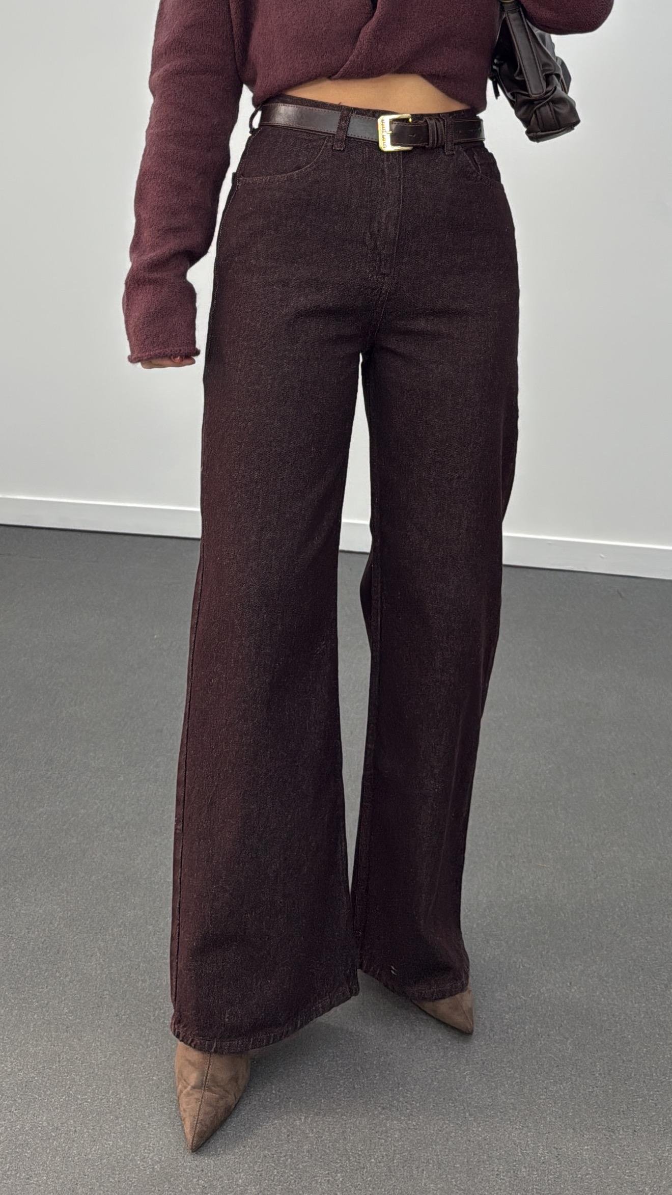 Cenevre Kırçıllı Kahve Süper Yüksek Bel Wide Leg Jeans