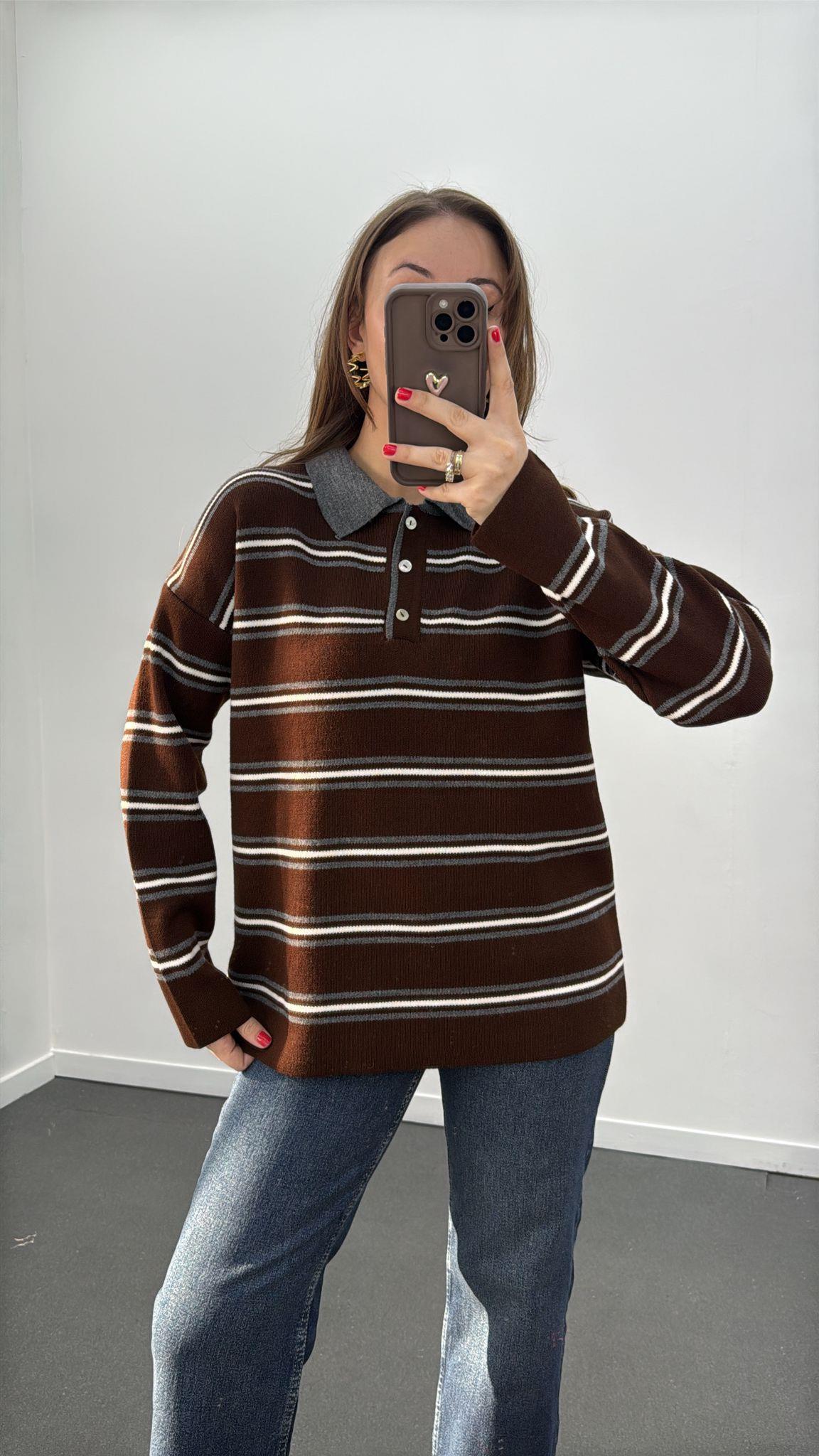 Culpa Kahverengi Gri Çizgili Polo Yaka Triko