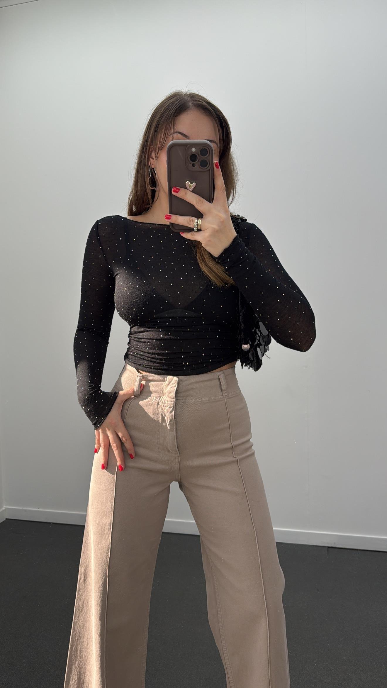 Dulcia Siyah Taş Aksesuarlı Kaşmir Bluz