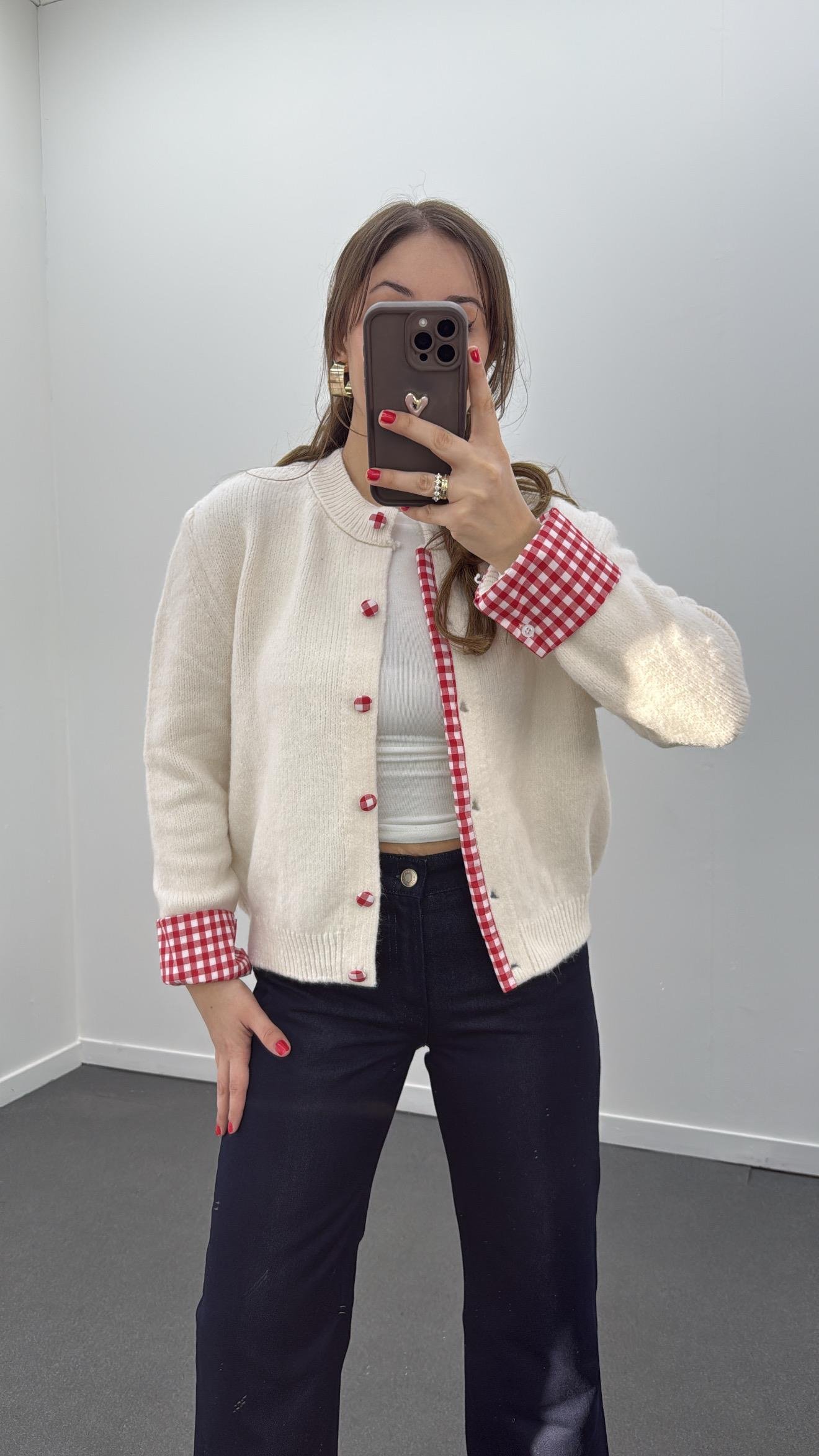 Elara Ekru Pötikareli Mix Triko Hırka