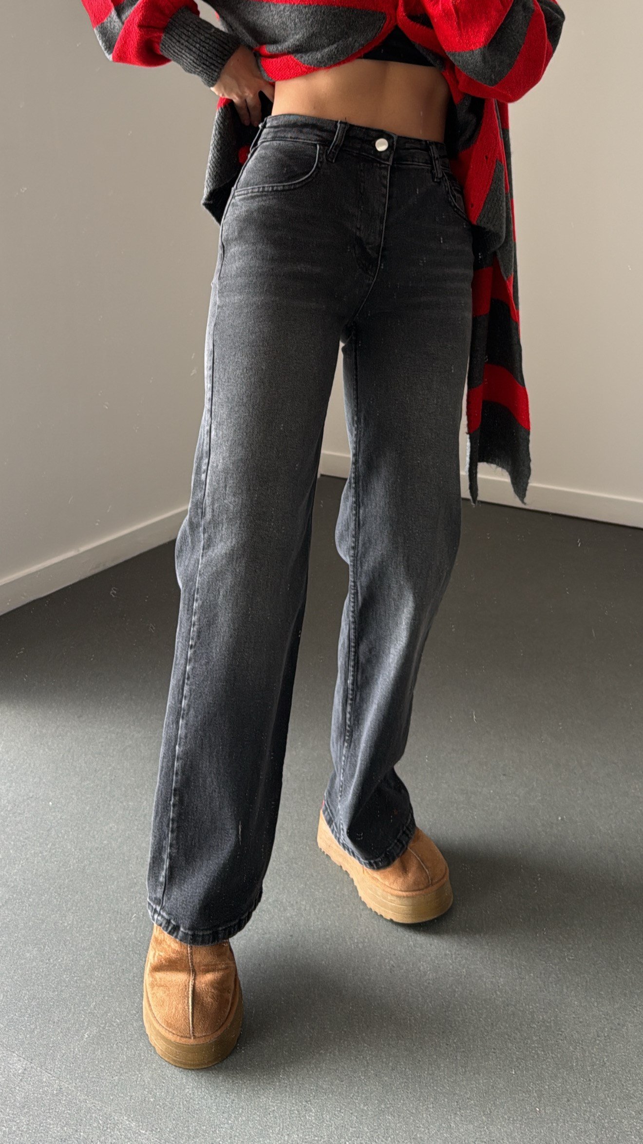 Elzora Gri Yıkama Straight Wide Leg Jean