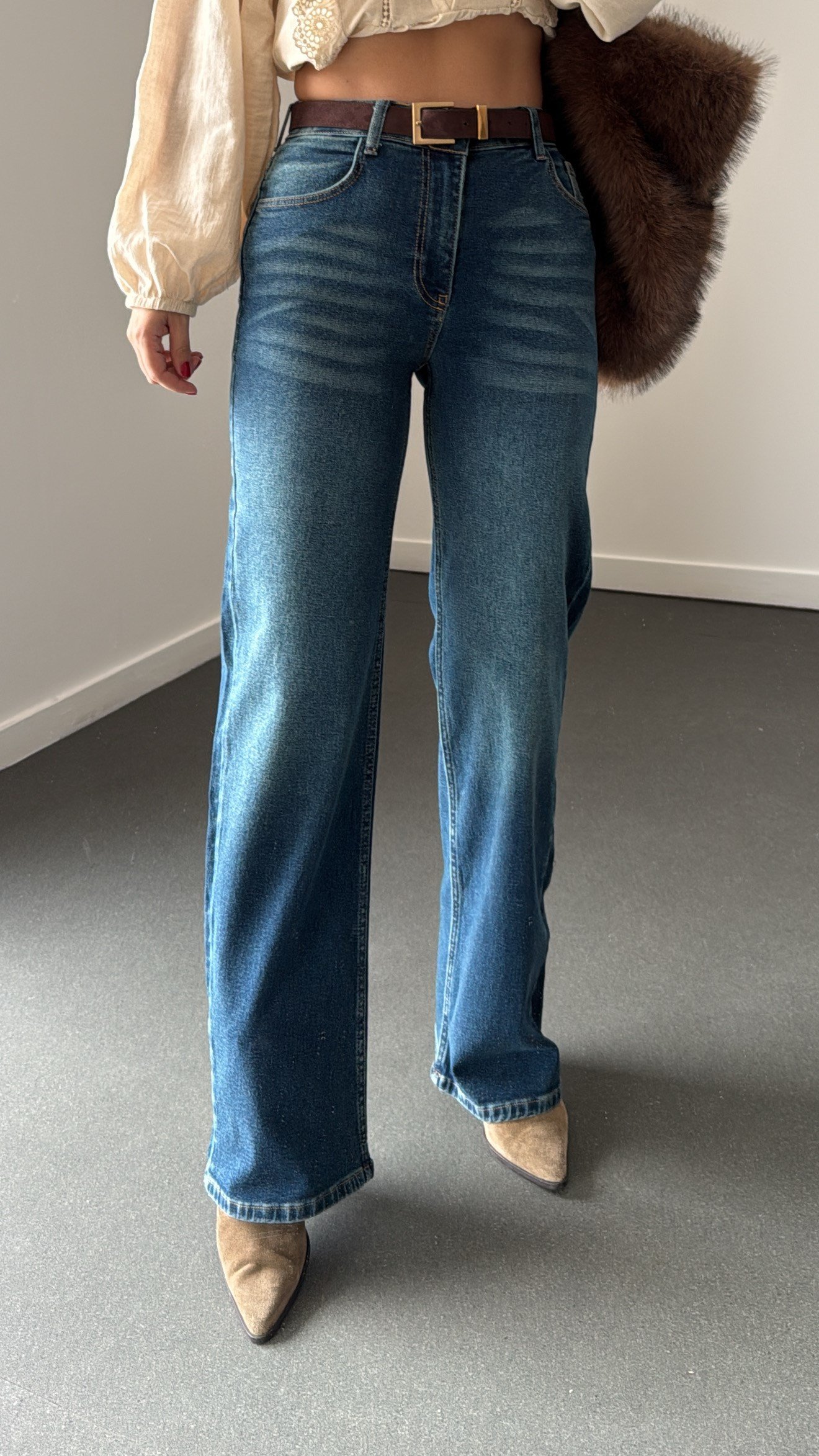 Elzora Vintage Yıkama Straight Wide Leg Jean