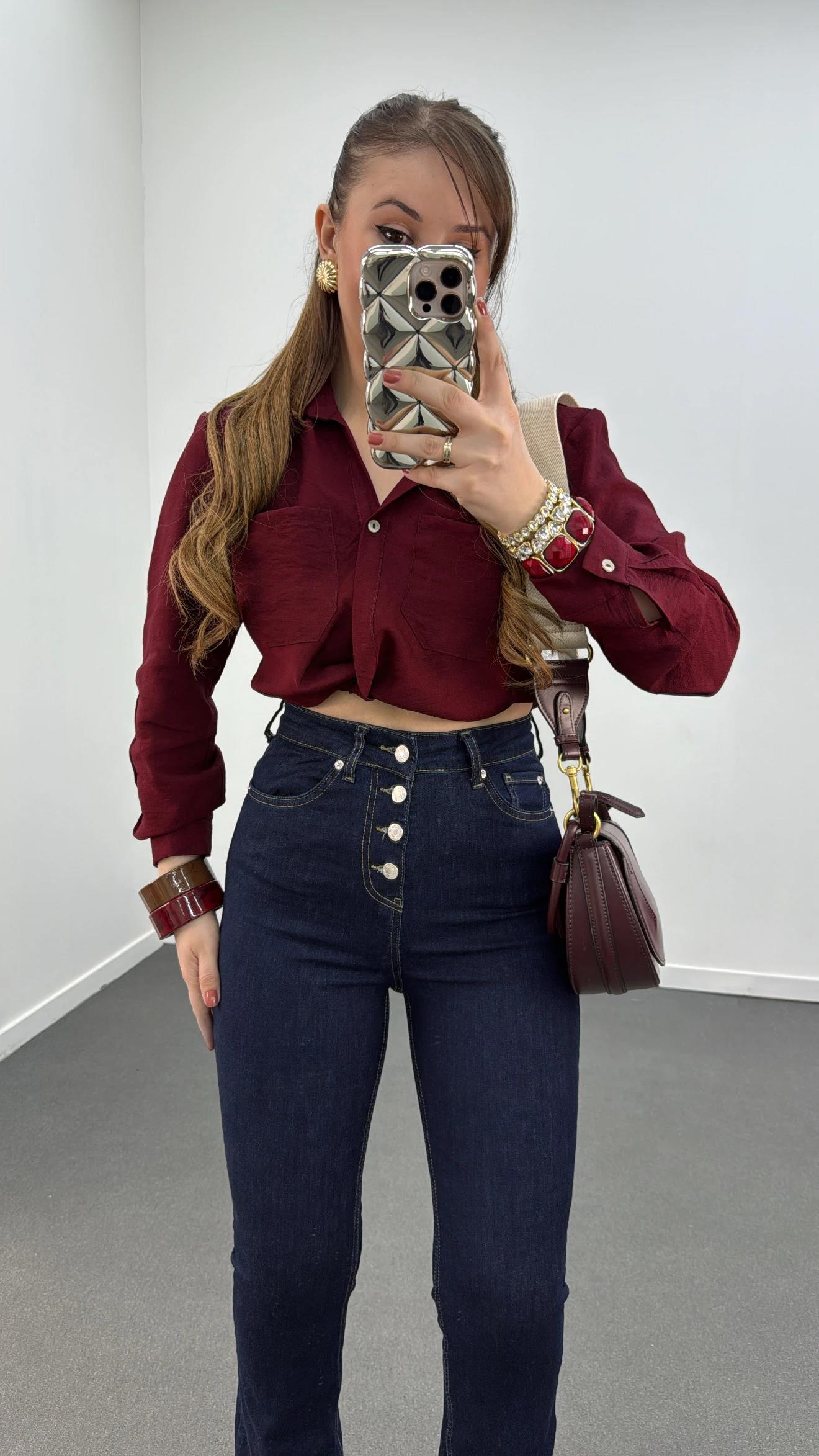 Evra Bordo Düğüm Detaylı Crop Gömlek