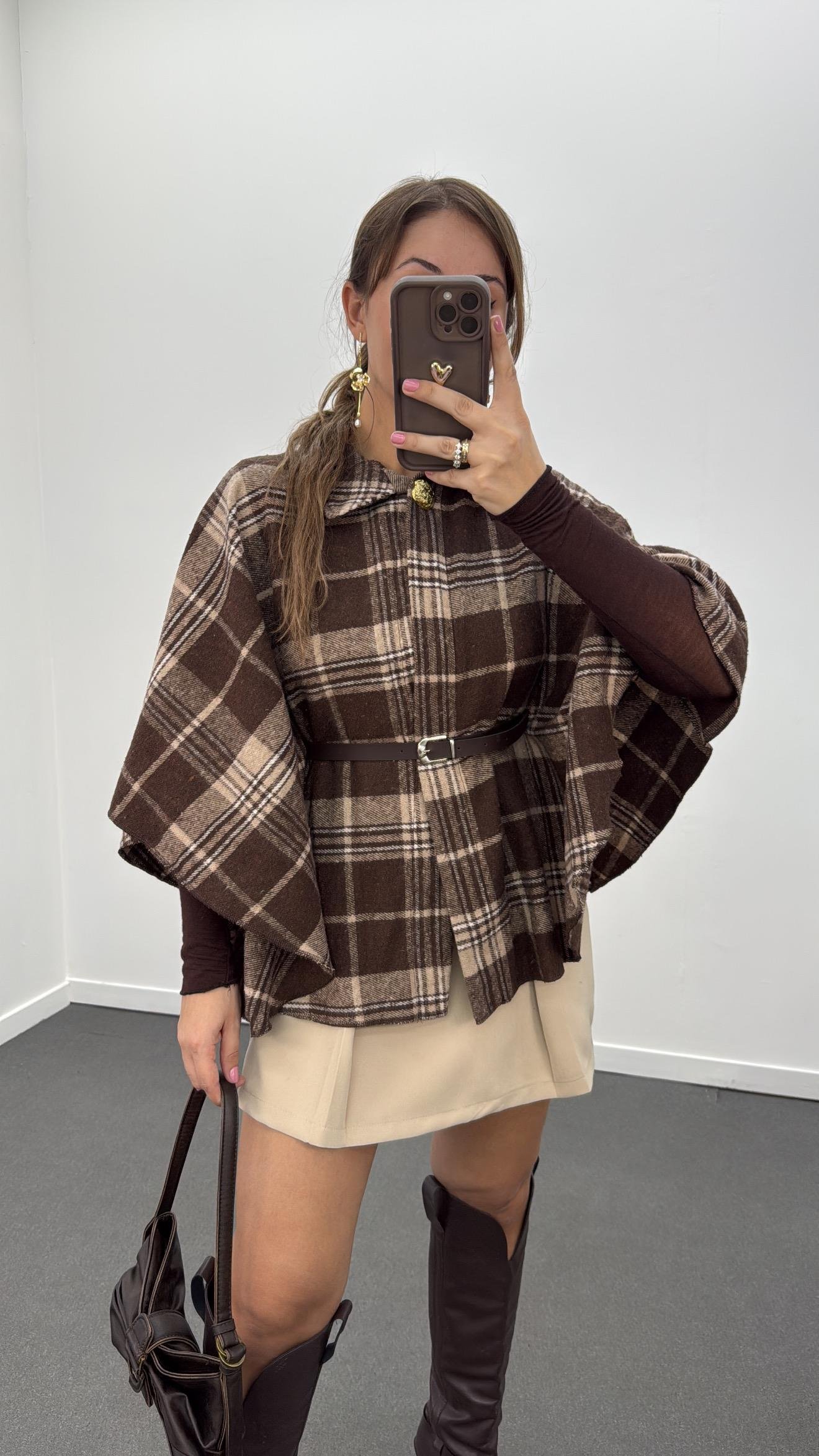 Faylin Acı Kahve Ekoseli Kemerli Panço