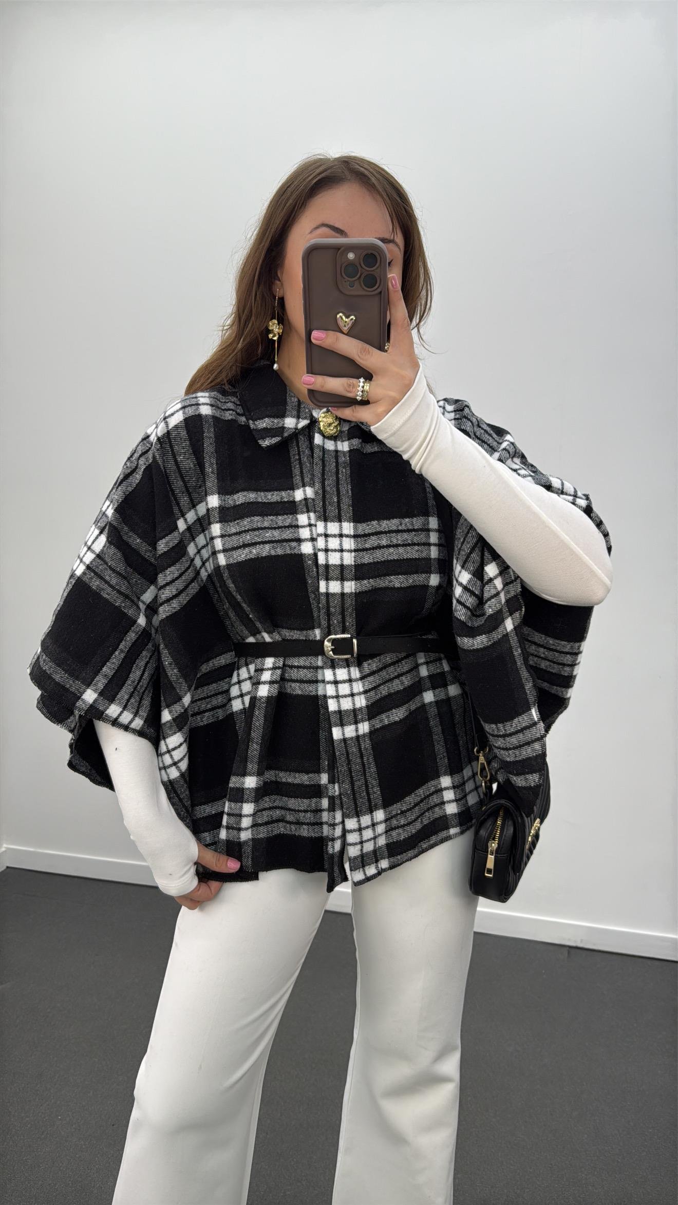 Faylin Siyah Gri Ekoseli Kemerli Panço