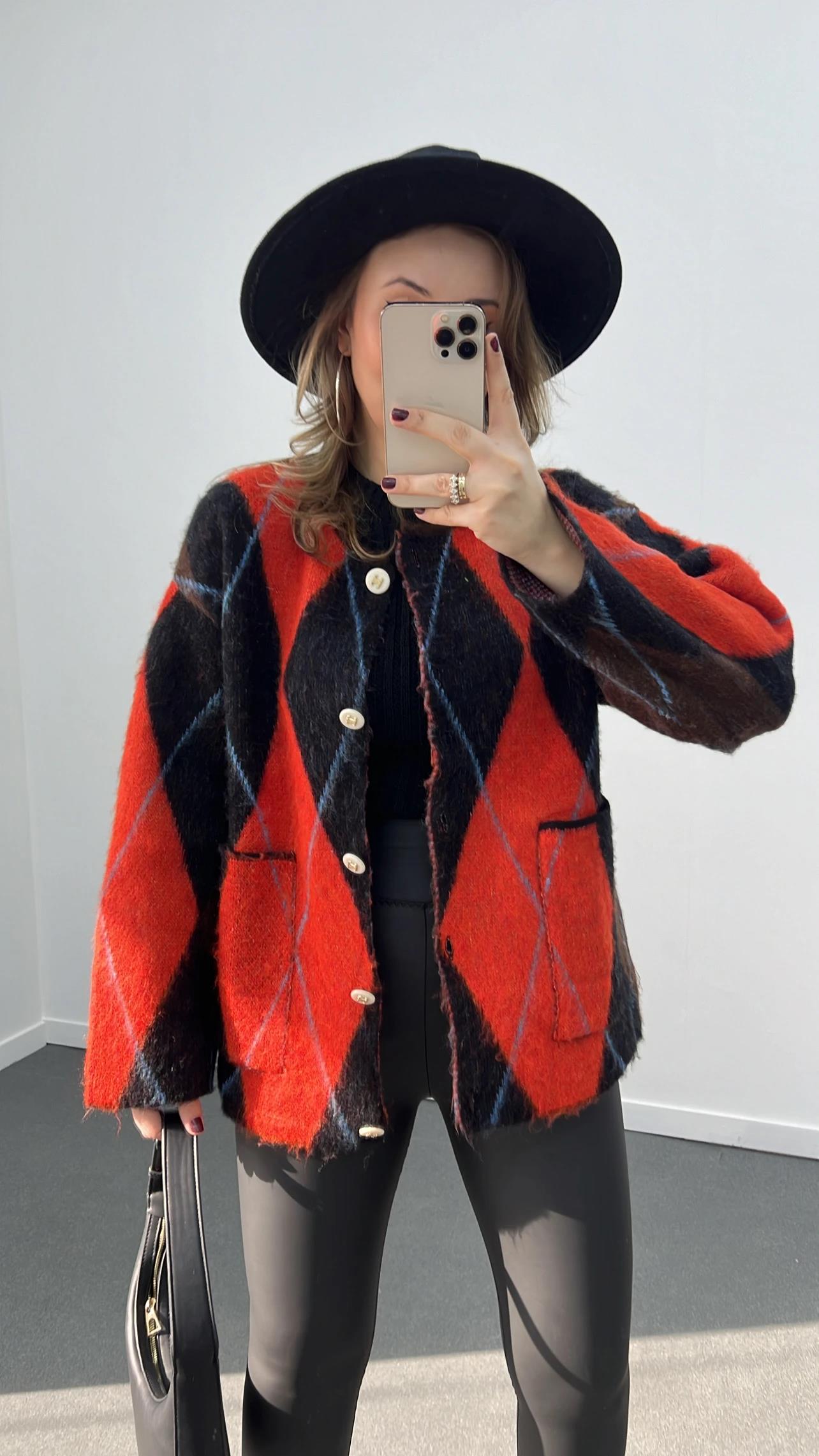 Ferrari Turuncu Baklava Desenli Premium Hırka Ceket