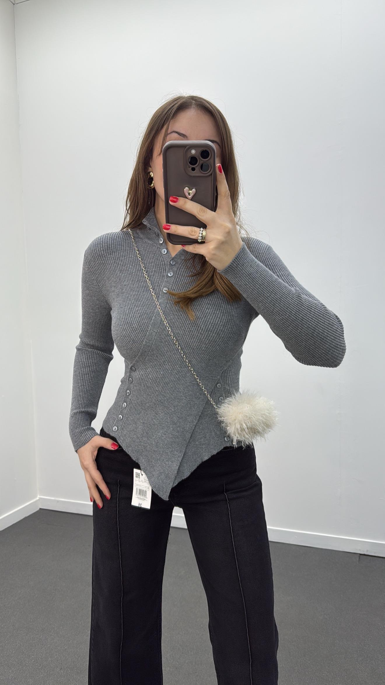 Gabriela Açık Gri Kruvaze Full Düğmeli Triko