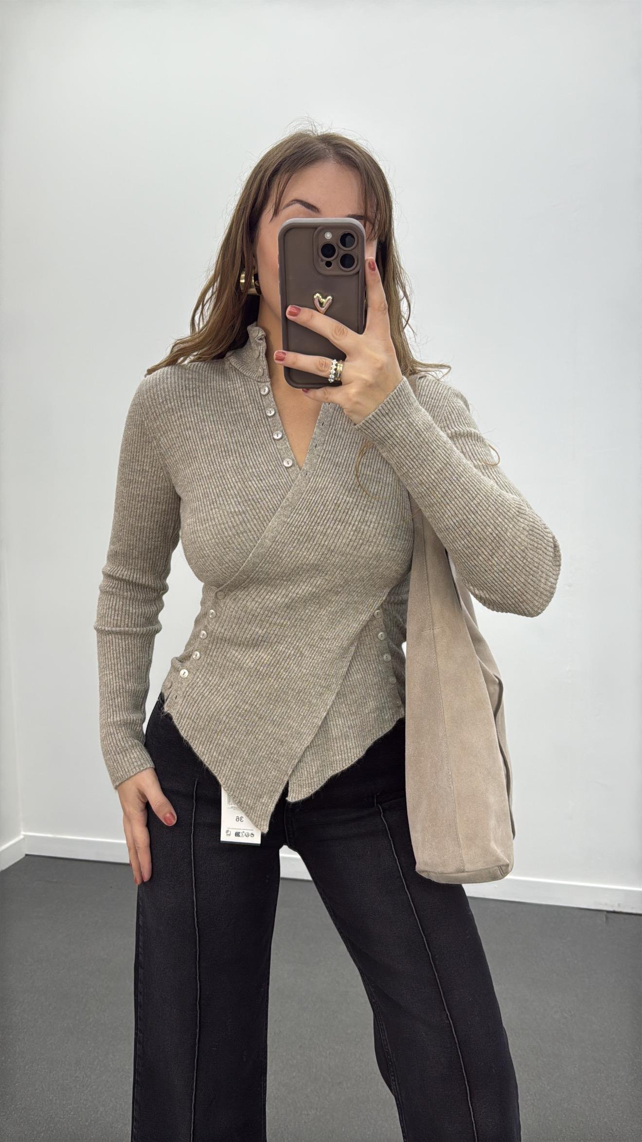 Gabriela Açık Vizon Kruvaze Full Düğmeli Triko