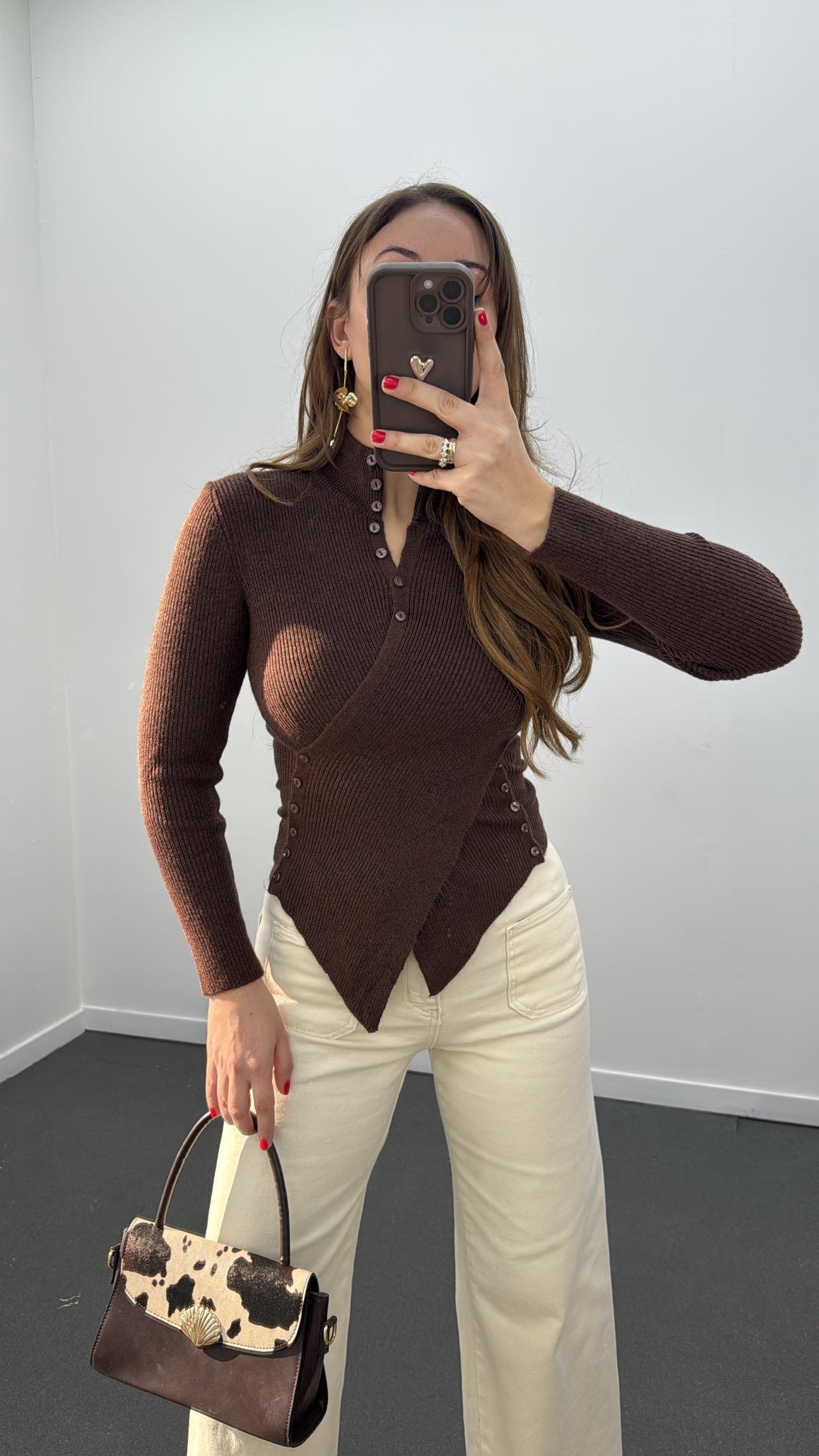 Gabriela Orta Kahve Kruvaze Full Düğmeli Triko