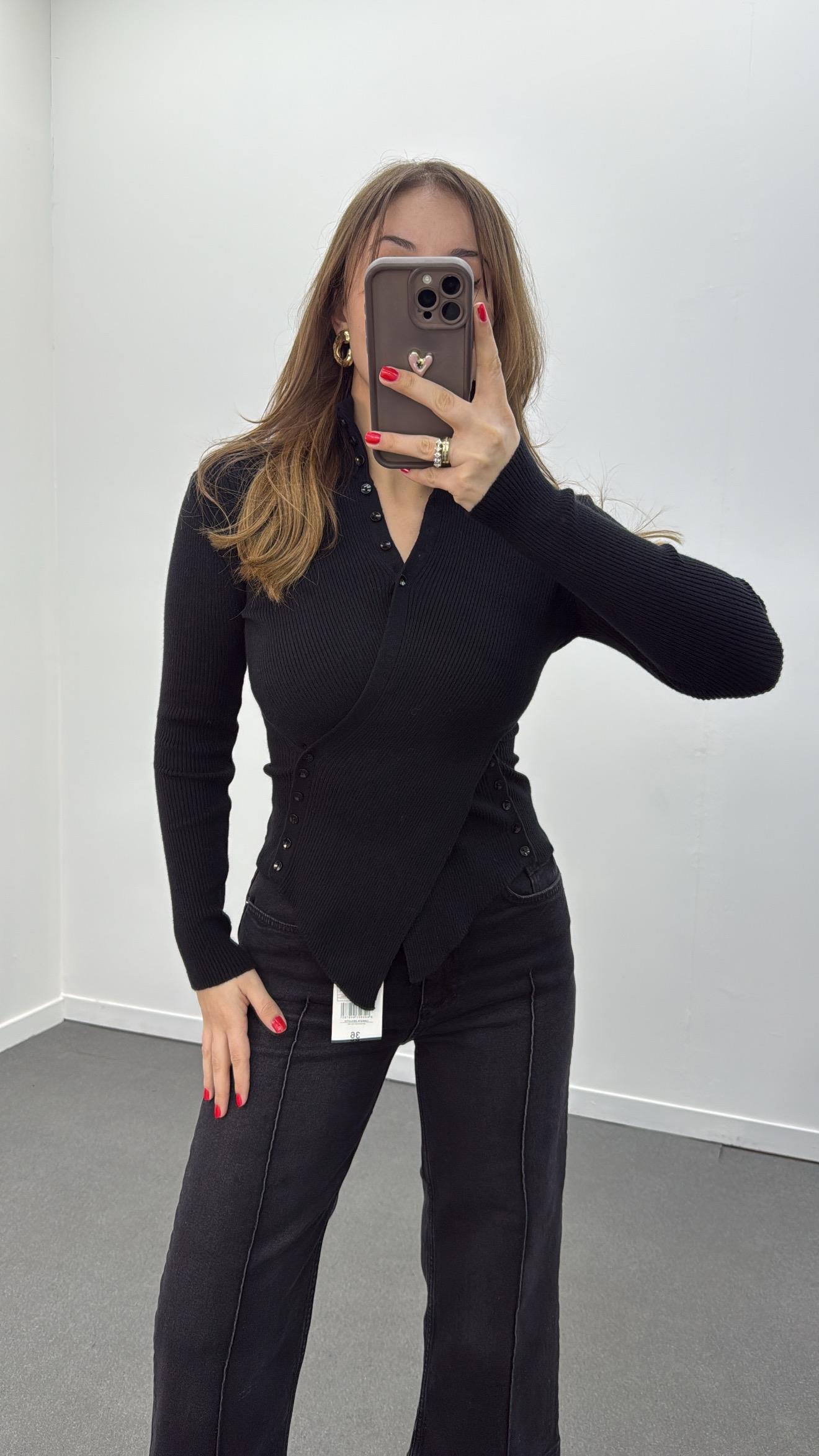 Gabriela Siyah Kruvaze Full Düğmeli Triko