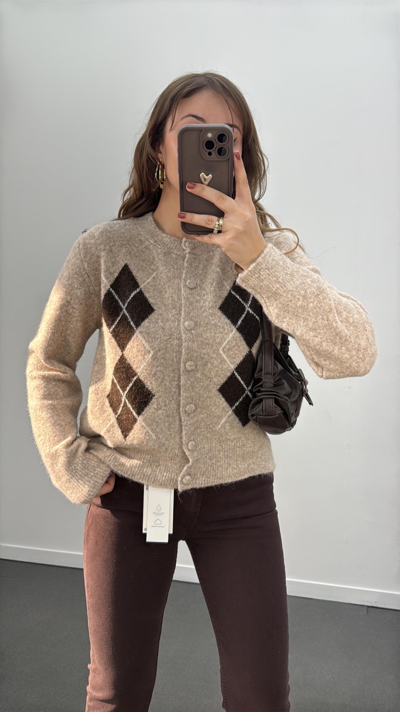 Gemma Bej Kahve Baklava Desenli Premium Triko