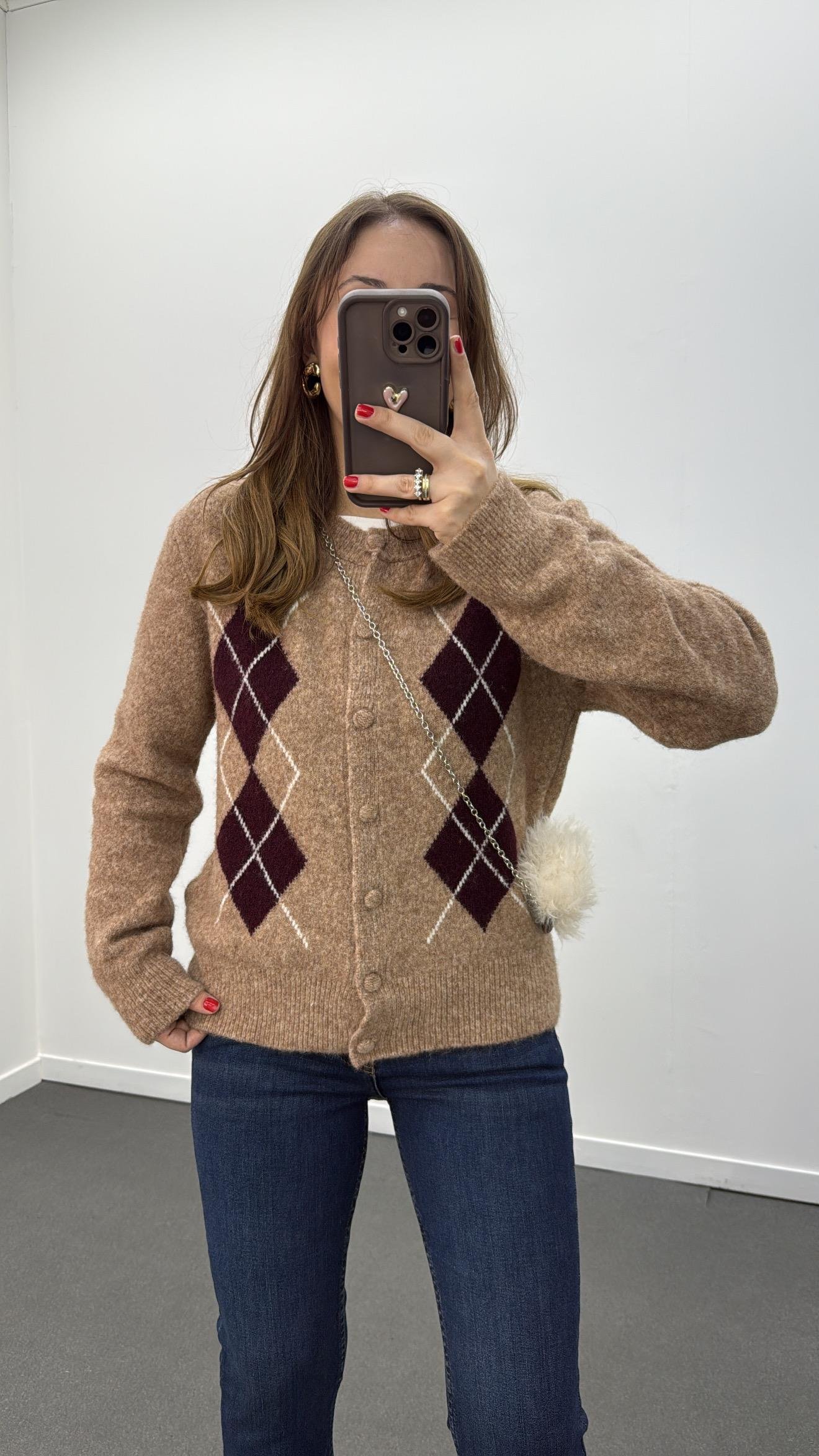 Gemma Kahve Bordo Baklava Desenli Premium Triko