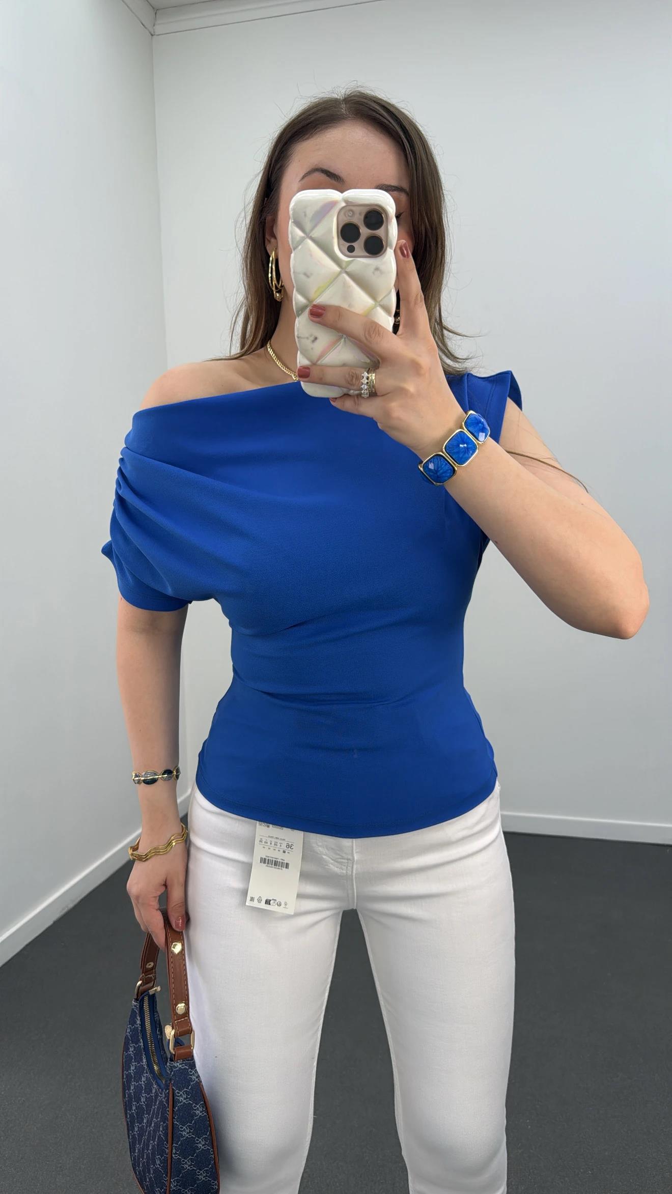 Gilda Saks Mavi Drapeli Tek Omuz Bluz