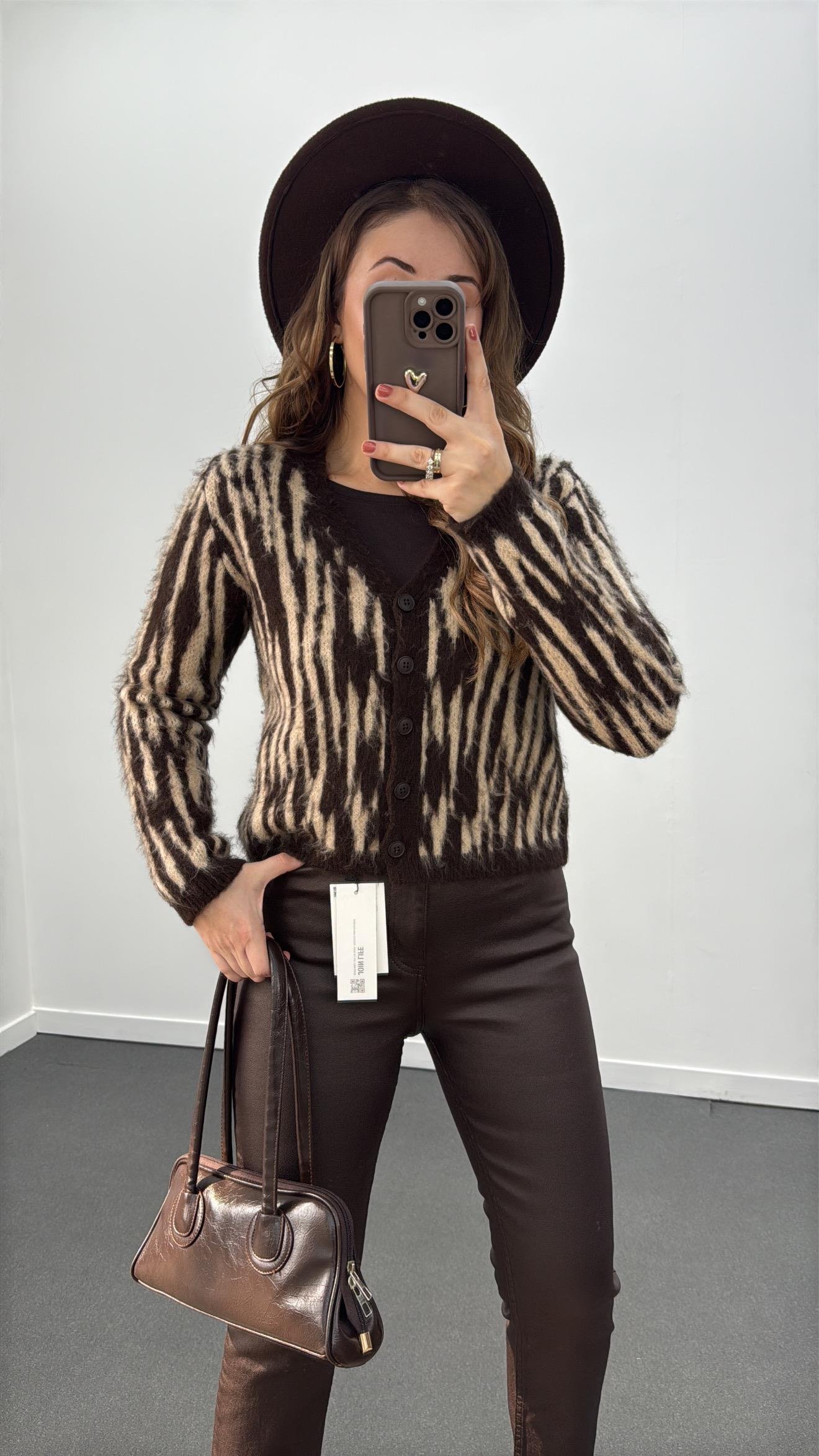 Havana Kahve Krem Leopar Desenli Hırka