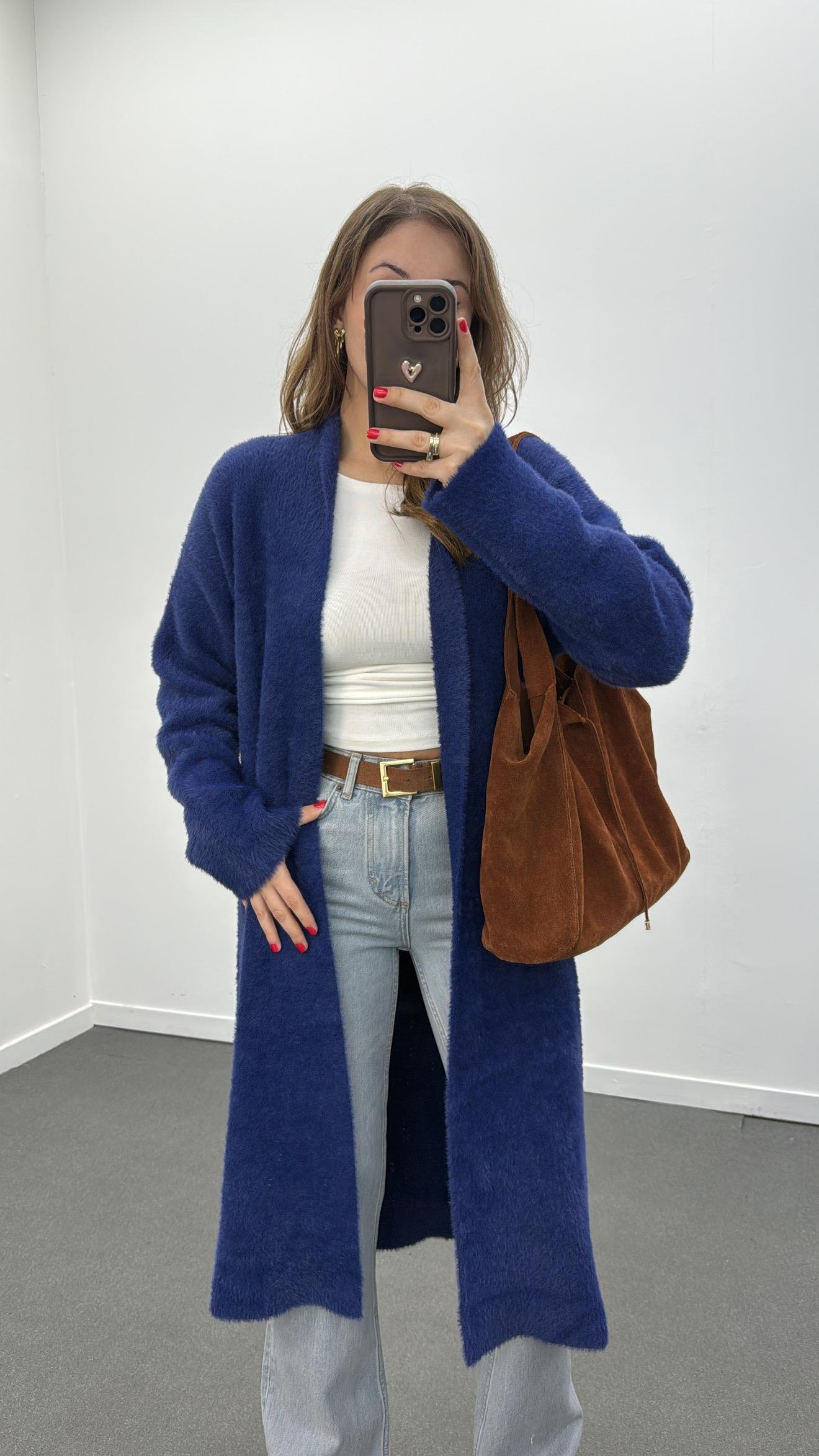 Jiliana Koyu Mavi Uzun Midi Yumuşak Triko Hırka