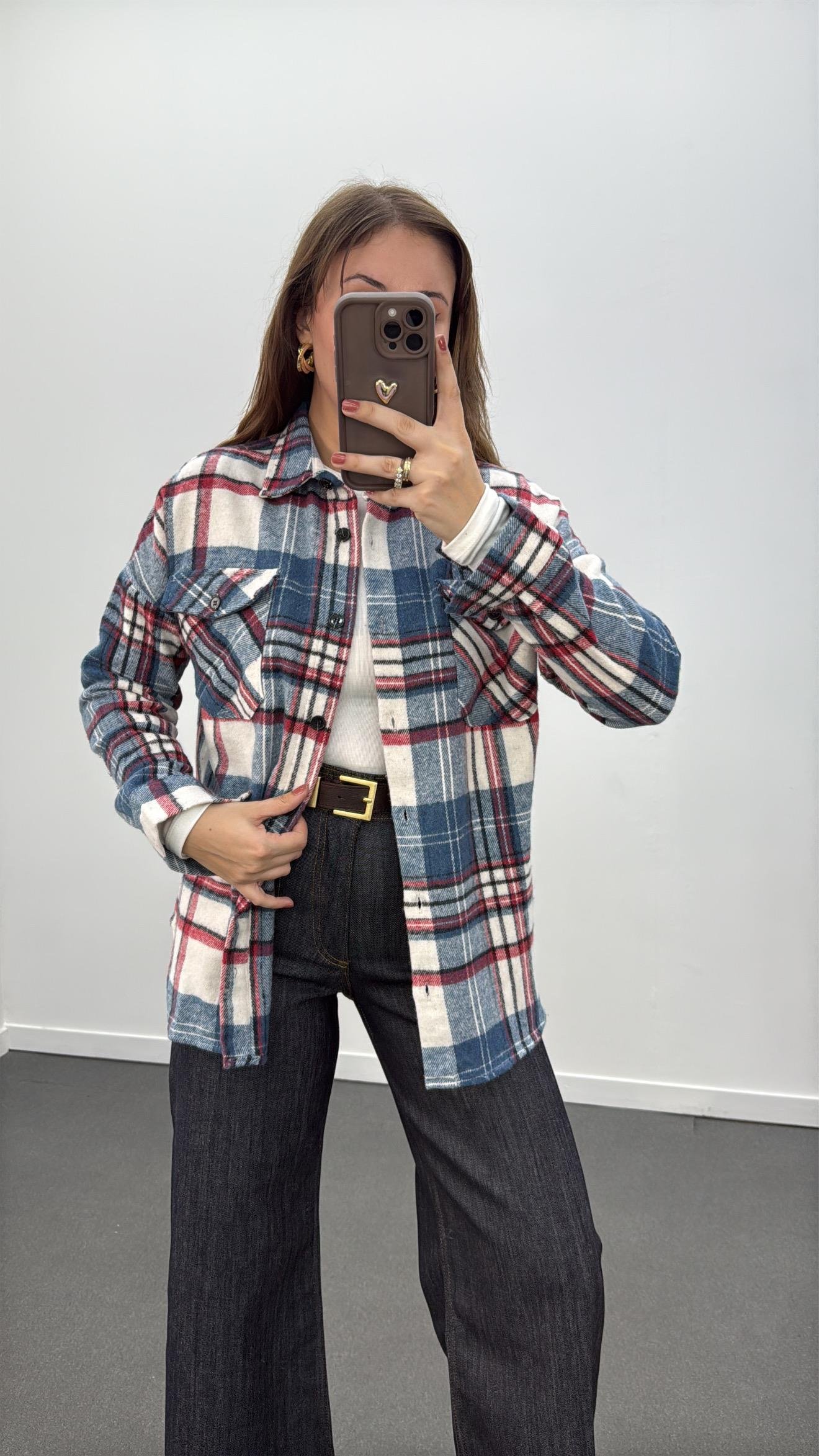 Jisoo Açık Mavi Bordo Çizgili Oduncu Gömlek