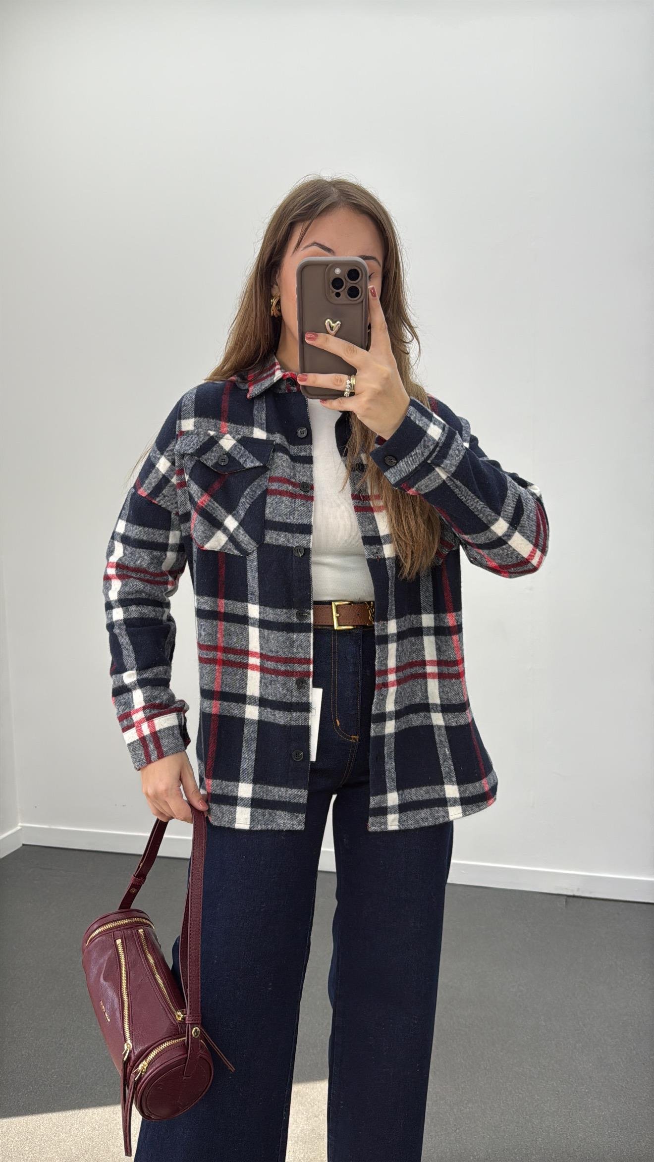 Jisoo Lacivert Bordo Çizgili Oduncu Gömlek