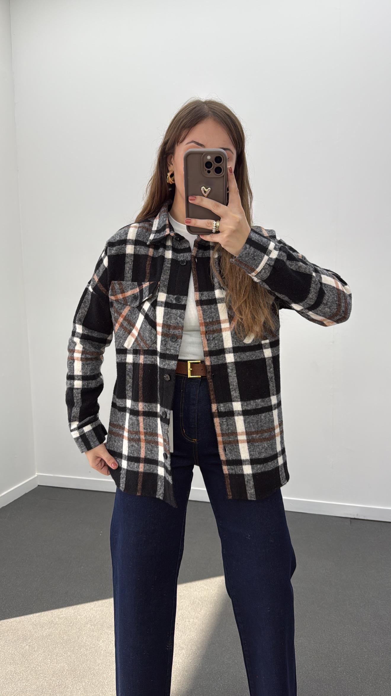 Jisoo Siyah Kahverengi Çizgili Oduncu Gömlek