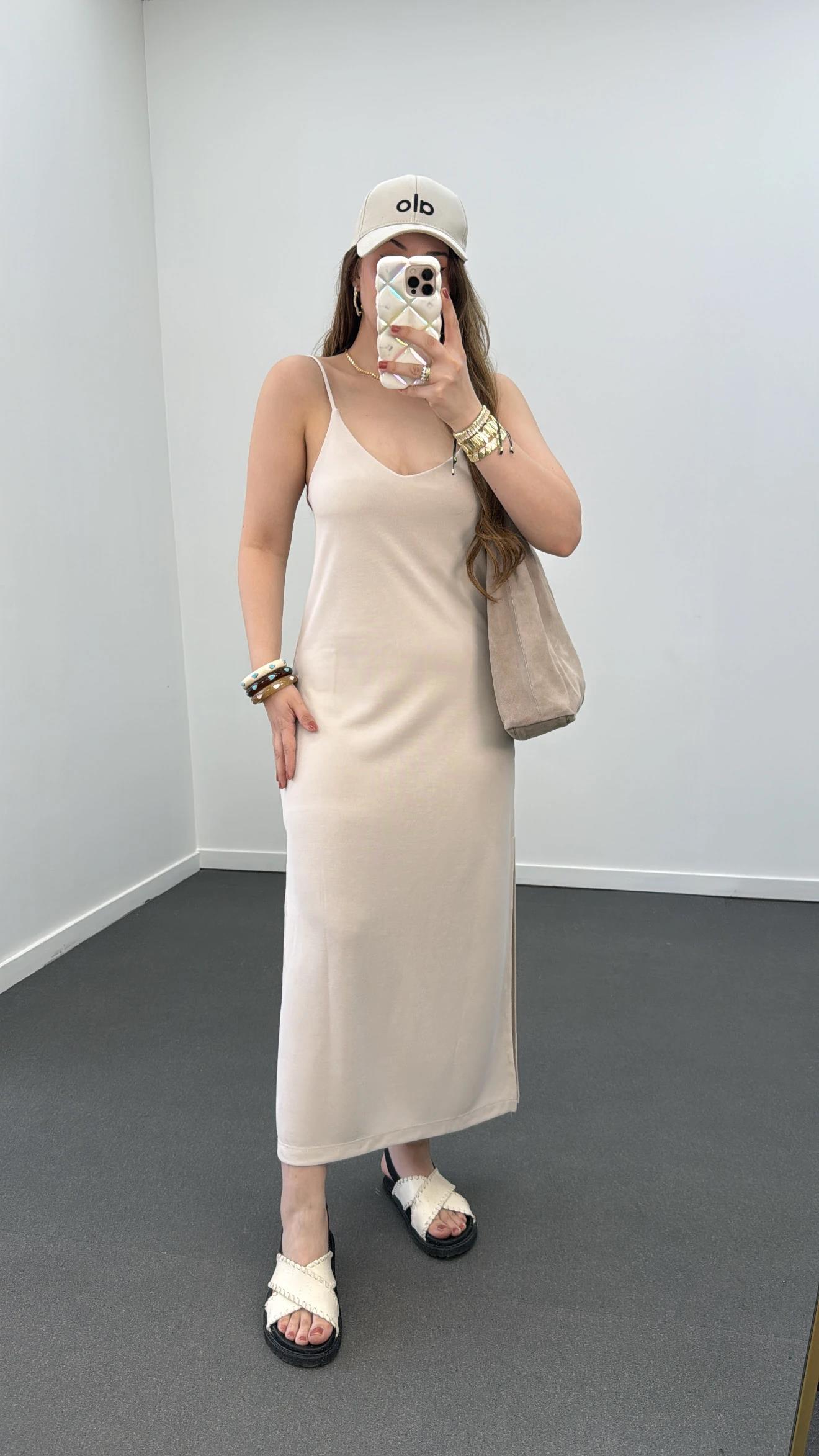 Joana Bej Askılı Modal Kumaş Midi Elbise