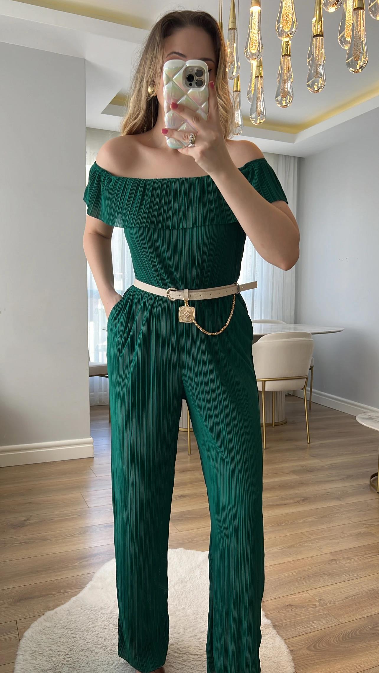 Jorge Zümrüt Yeşili Pileli Tulum