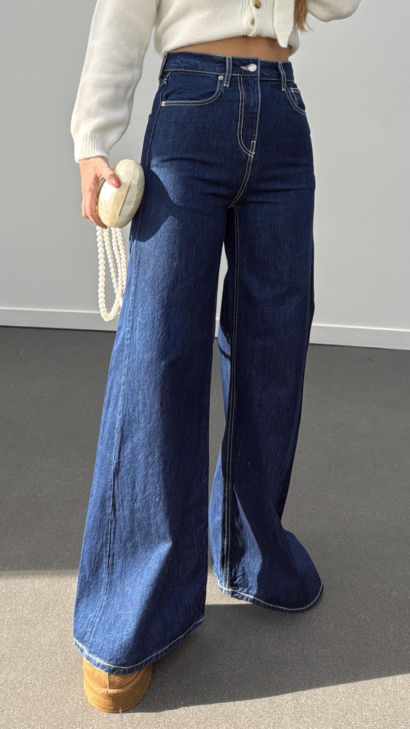 Kiev Lacivert Kontrast Dikişli Ultra Yüksek Bel Palazzo Jean