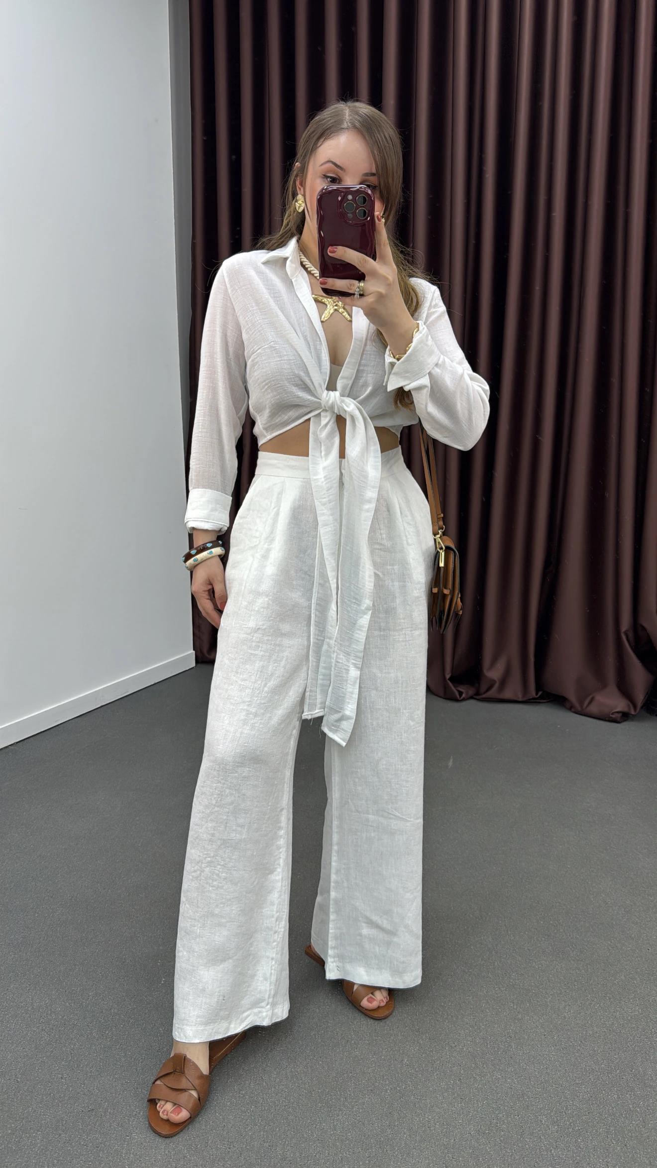 Kira Beyaz Pileli %100 Keten Kumaş Palazzo Pantolon