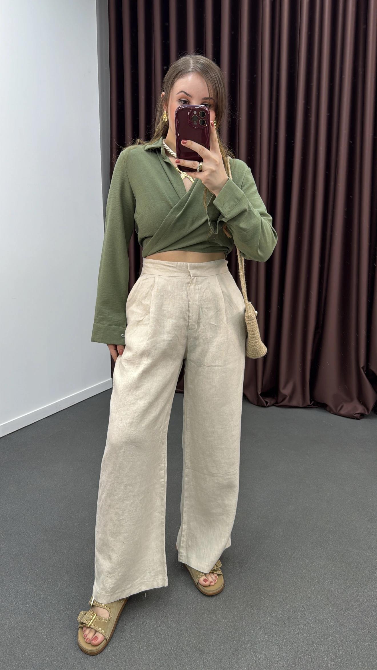 Kira Krem Pileli %100 Keten Kumaş Palazzo Pantolon