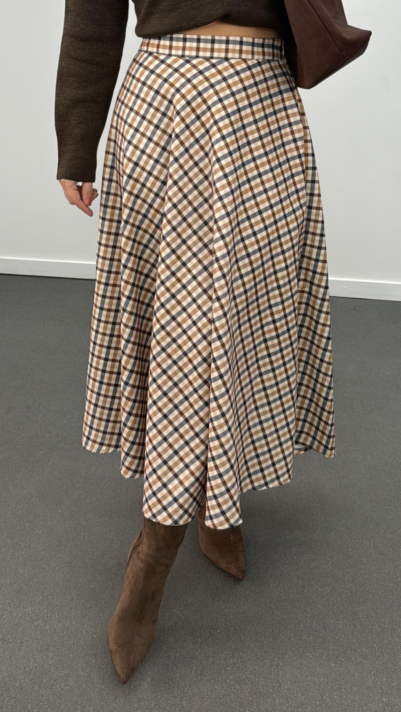 Lahore Kahve Bej Ekoseli Maxi Etek 