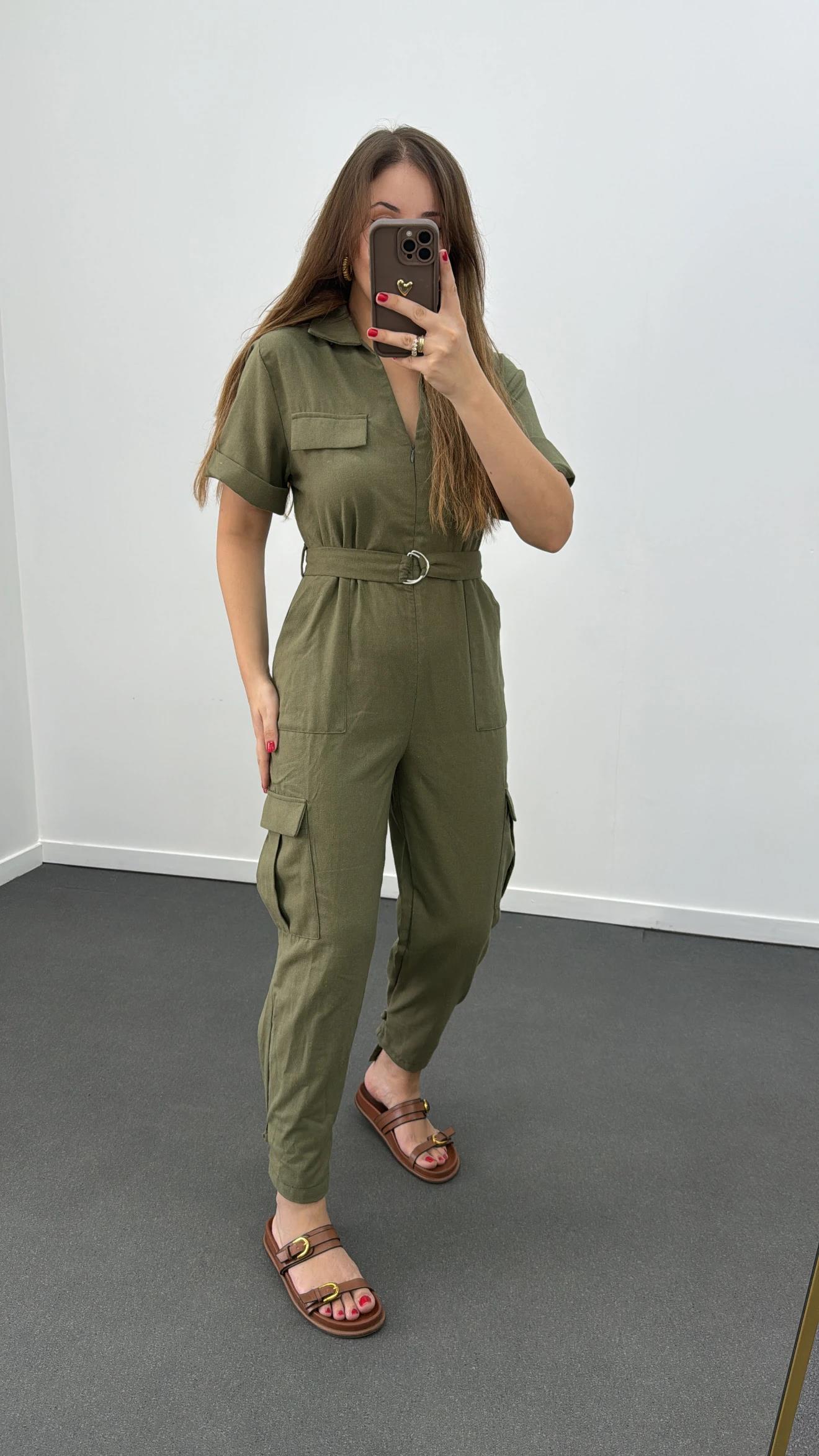 Lexy Haki Keten Karışımlı Tulum