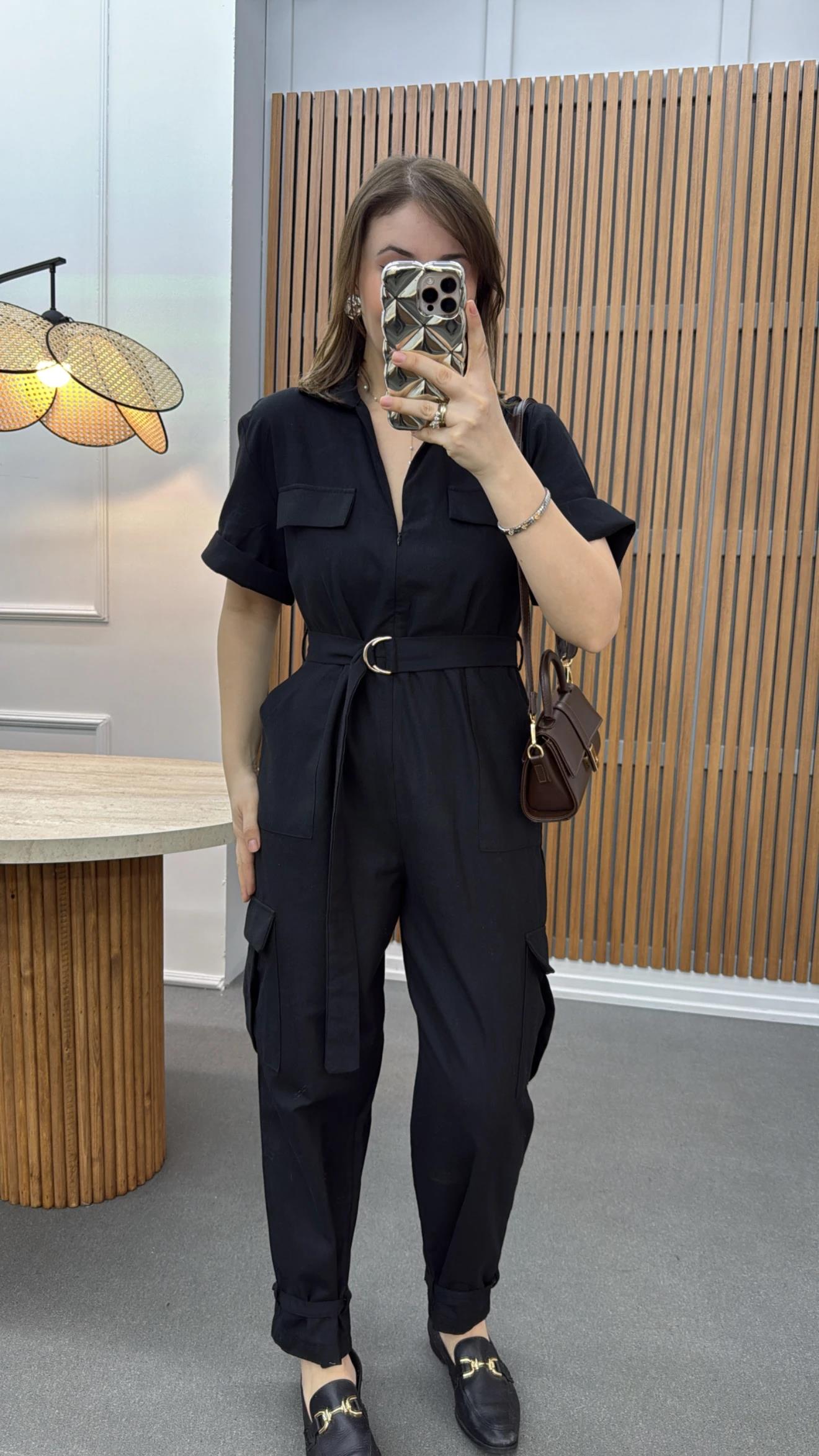 Lexy Siyah Keten Karışımlı Tulum