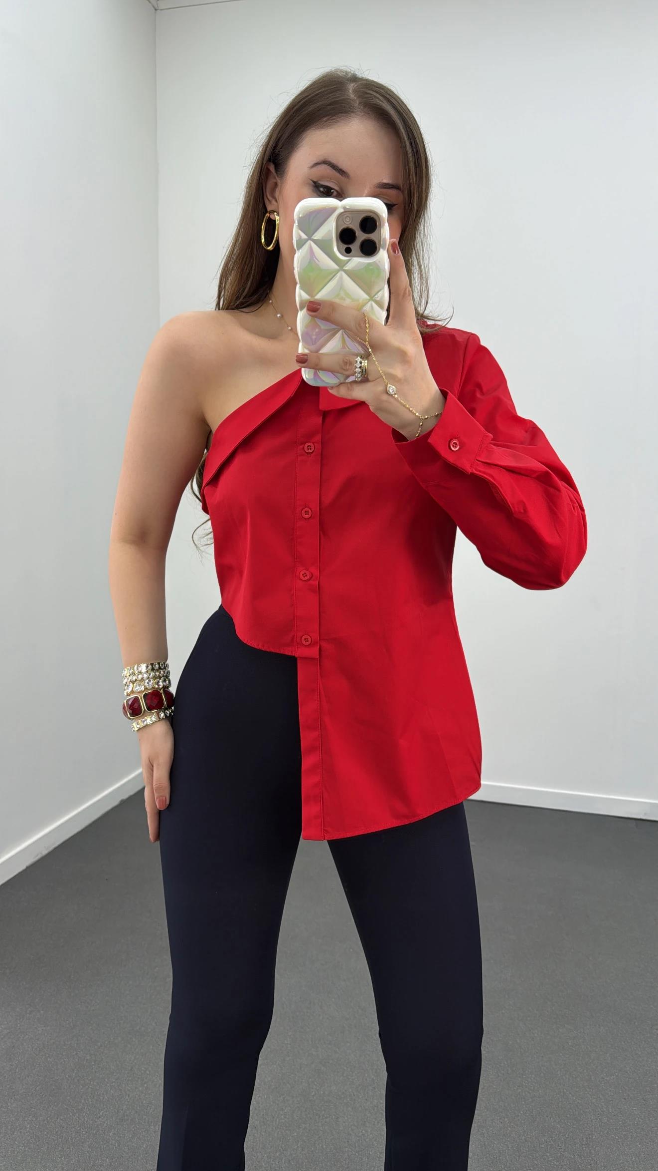 Luxe Kırmızı Asimetrik Tasarım Bluz