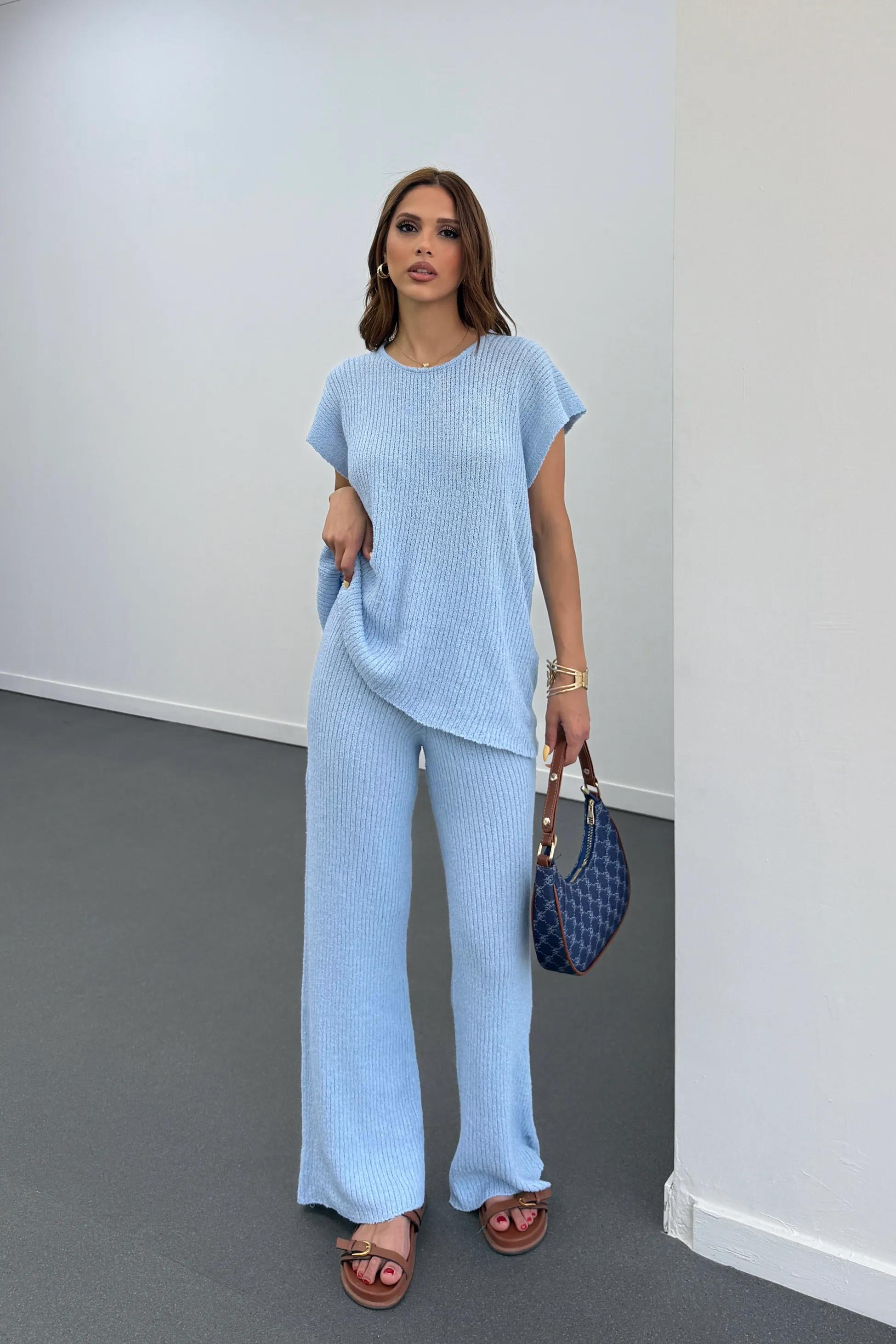 Malia Mavi İnce Örme Melanj Takım