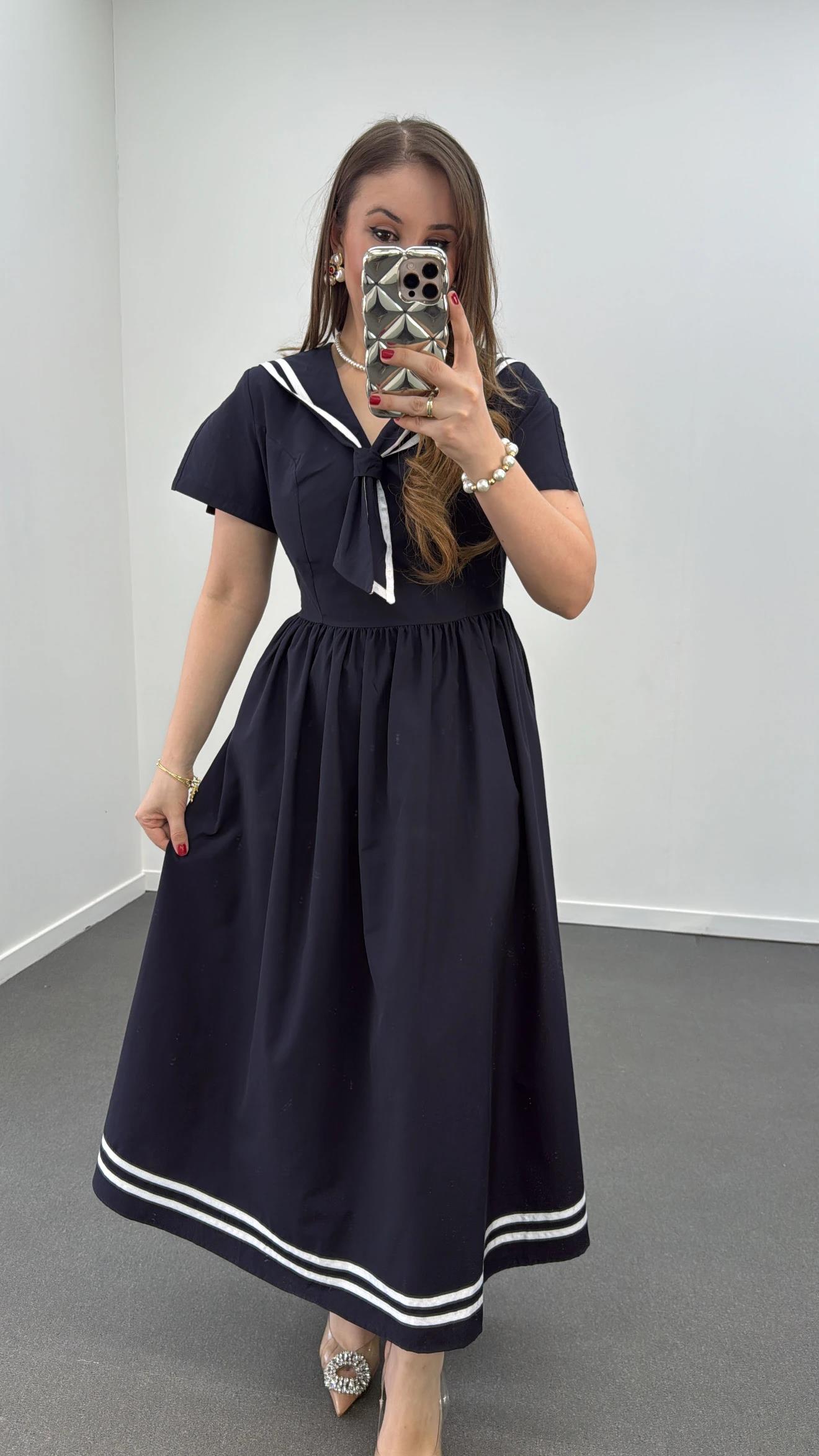Marine Lacivert Beyaz Şeritli Tasarım Elbise