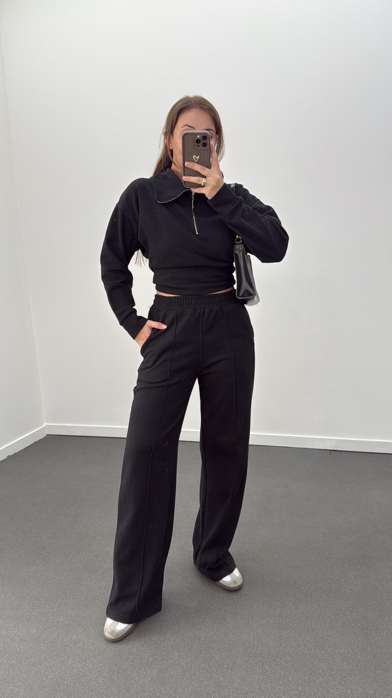 Martina Siyah Fitilli Polar Sweat Eşofman Takımı