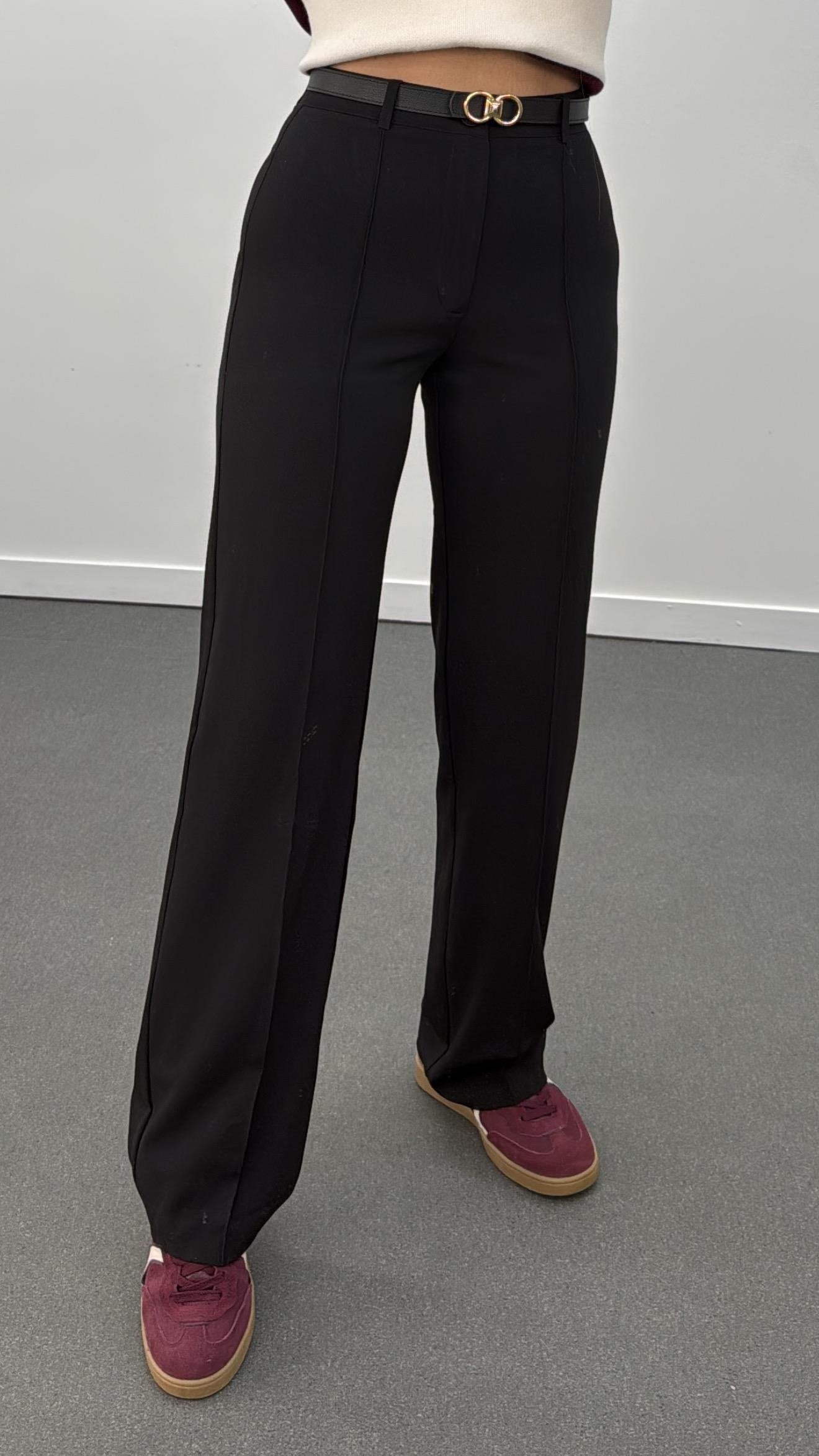 Meg Siyah Nervür Dikişli Palazzo Kumaş Pantolon